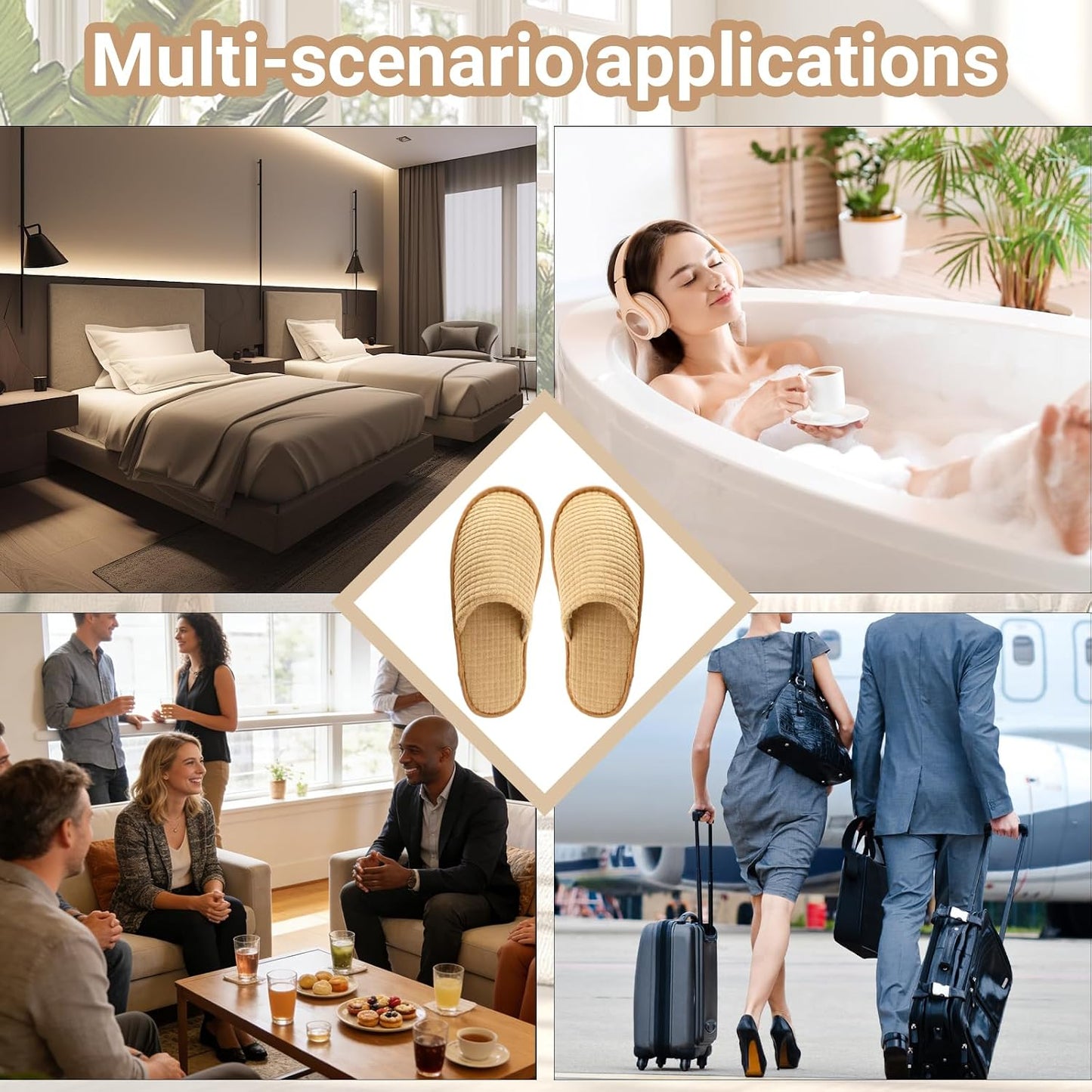 Spa Slippers - Non-Slip Washable Indoor Slippers for Men & Women | Beige, Reusable for Hotels & Travel