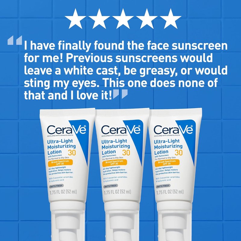 CeraVe Ultra-Light Moisturizing Lotion - Daily Face Moisturizer with SPF 30 & Hyaluronic Acid | Oil-Free, 1.7 Oz