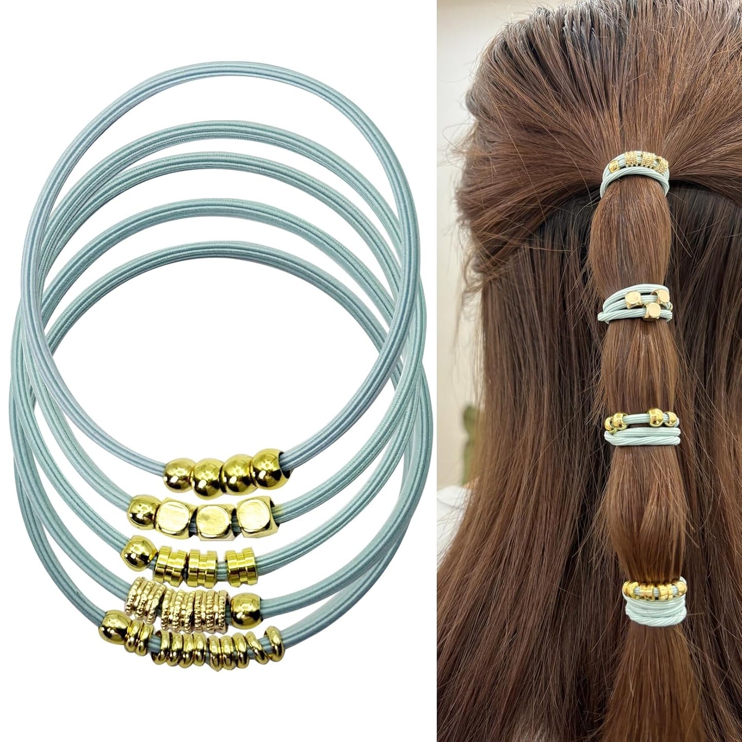 Blonde Boho Hair Ties Bracelet - Trendy Elastic Ponytail Holders with Gold Bead | Ideal for Thick, Thin, Curly Hair (Beige)