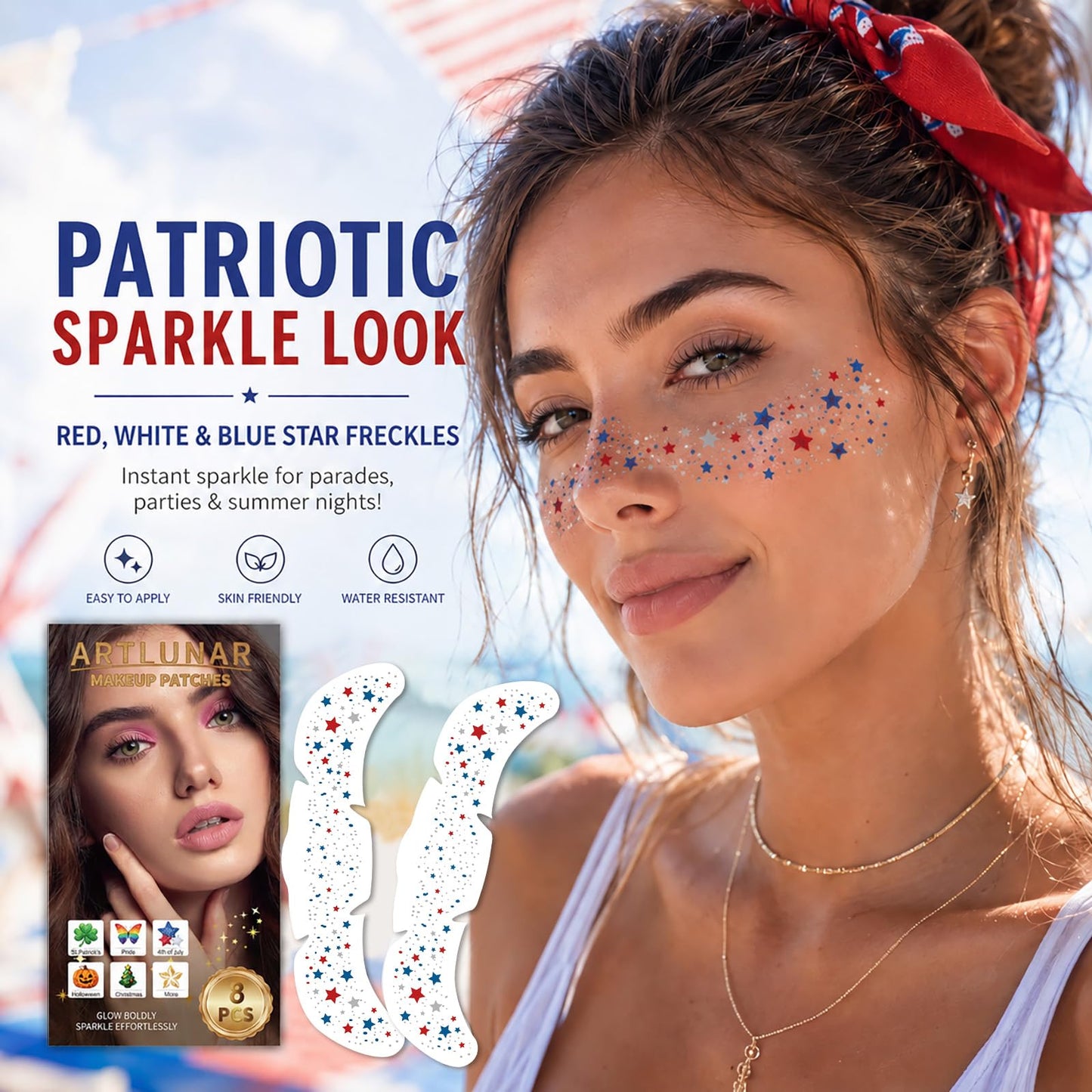 Artlunar 8 Pcs Red White Blue Star Freckle Stickers with Silver Glitter Powder for Face, 4th of July Glitter Face Stickers for Women Kids, Patriotic Independence Day Makeup Accessories