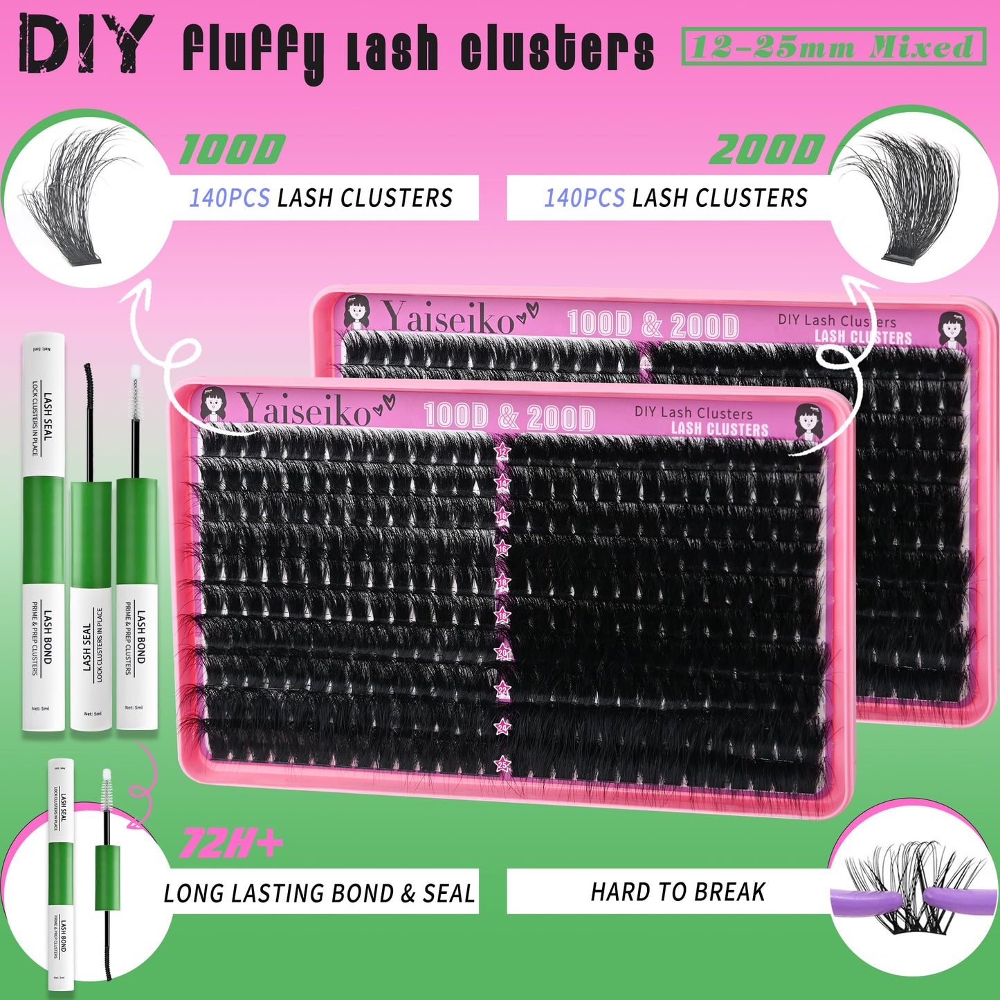 Yaiseiko Lash Clusters Kit 100D+200D Thick Volume Eyelash Clusters Kit 12-25mm Wispy Individual Lashes D Curl Long Cluster with Lash Bond and Seal Waterproof DIY Lash Extension Kit(KIT-280PCS)