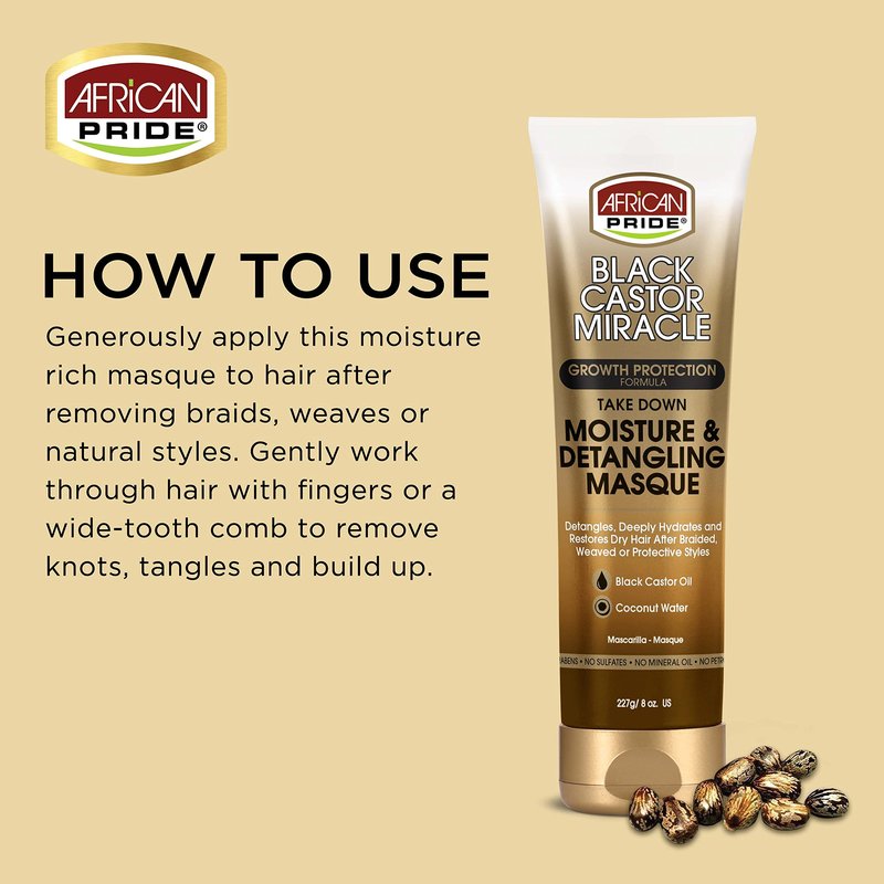 African Pride Black Castor Miracle Take Down Moisture & Detangling Masque - Hydrates, Restores Dry Hair, Contains Black Castor Oil & Coconut Water, Conditions, Removes Build-Up, Prevent Breakage, 8 oz