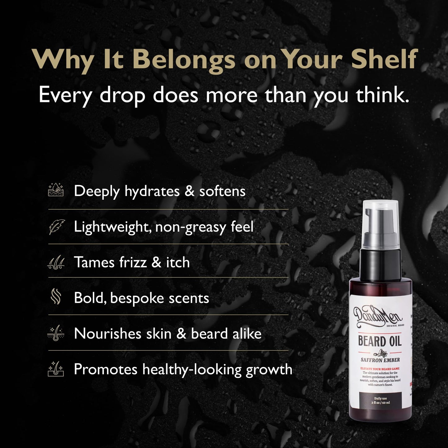 DandyMen Beard Oil for Men – Hydrating Beard Conditioner & Softener with Sweet Almond & Argan Oils – 2 oz, Saffron Ember
