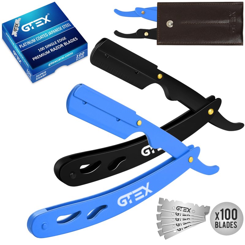 2 Straight Razor For Men, 100 GTEX Premium Blades (Japanese Steel) - 2Pack Straight Edge With 100 Platinum Blades - Navajas Para Barbero - Barber Razor For Men, Beard