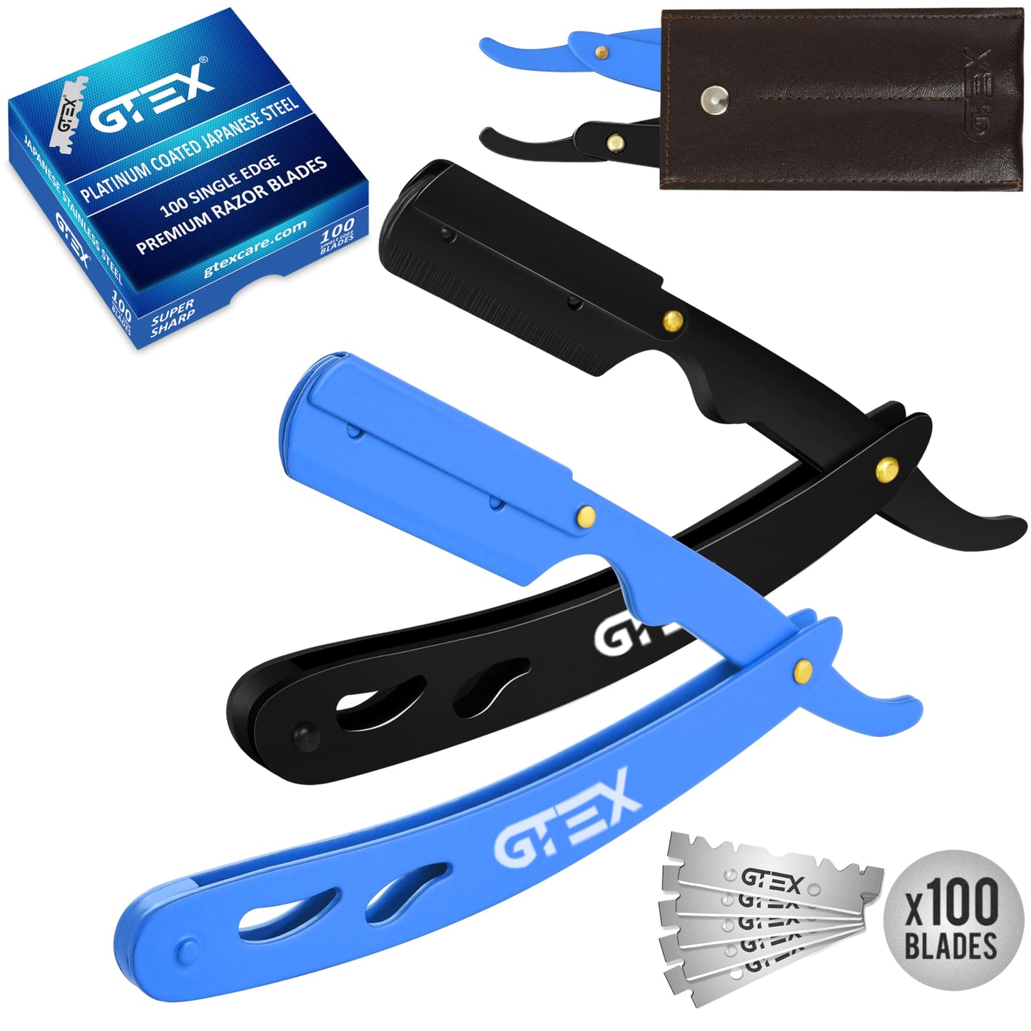 2 Straight Razor For Men (Gold Black), 100 GTEX Premium Blades (Japanese Steel) - 2Pack Straight Edge Razor 100 Platinum Razor Blade - Navajas Para Barbero - Barber Razor For Men, Beard Razor