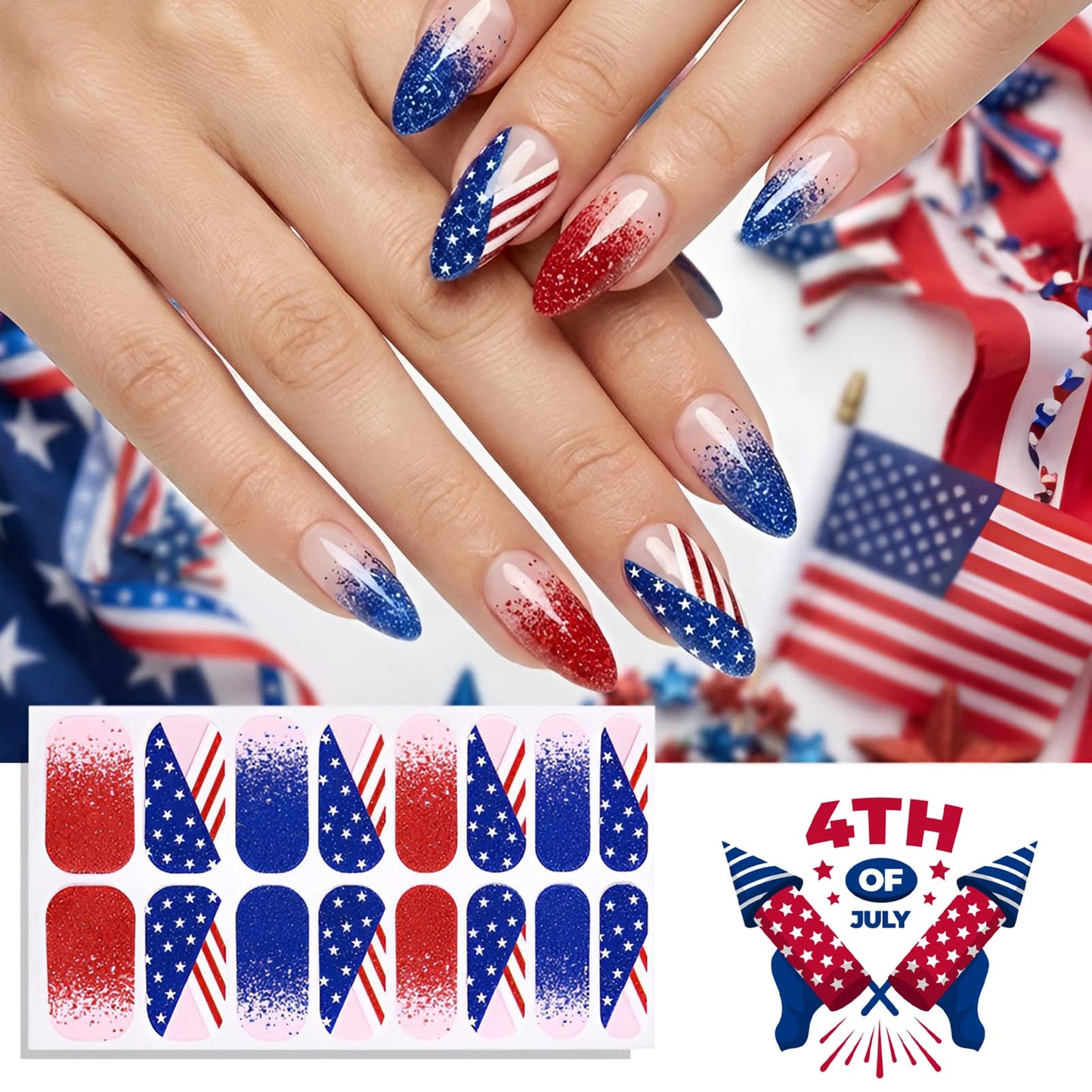 4 Sheets 4th of July Nail Wraps for Woman - Patriotic Full Cover Red White Blue Glitter Stars Stripes Self-Adhesive French Nail Polish Strips Independence Day Memorial Day Veterans Day Party Gift Set