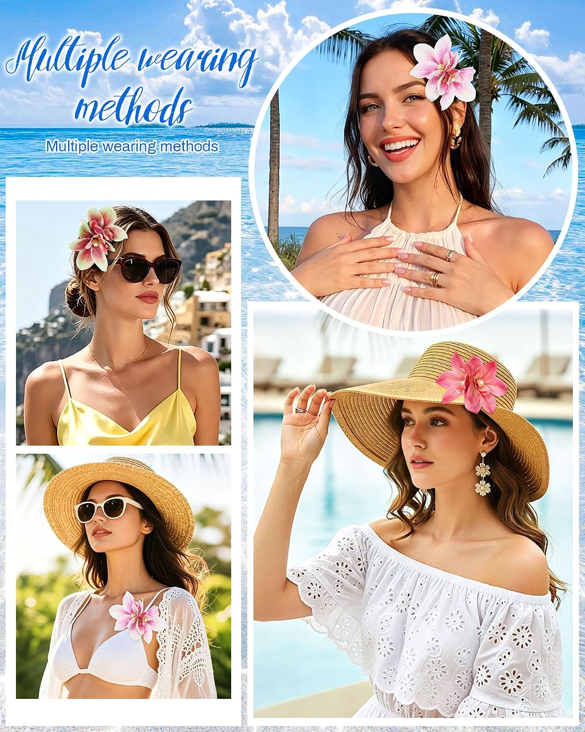 Hawaiian Flower Hair Clips - 3 PCS Artificial Orchid Barrettes for Weddings & Beach Parties | Pink, Rose, Green