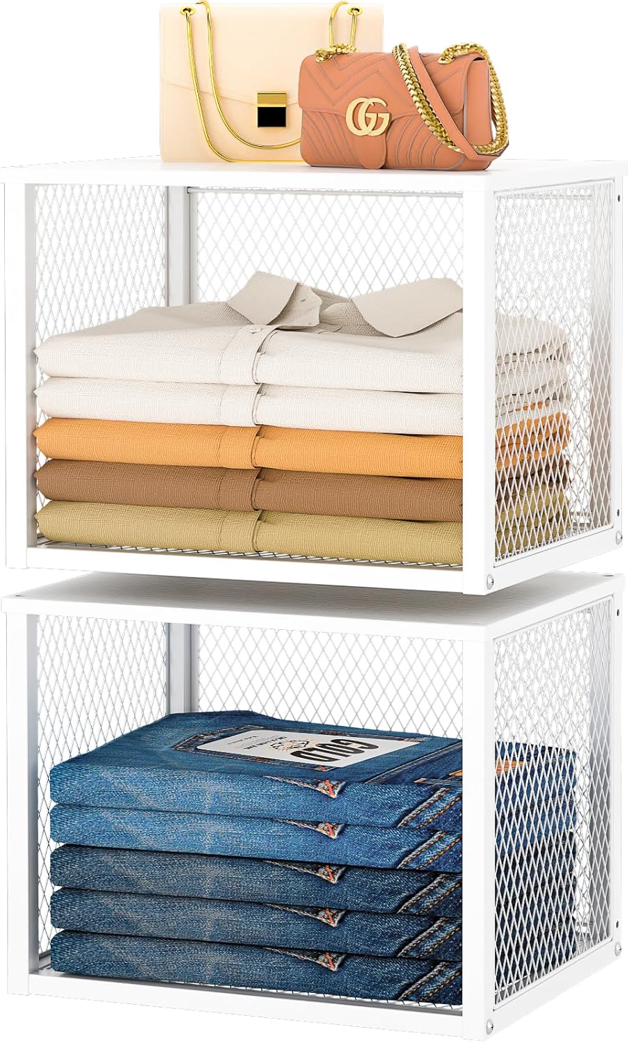 Stackable Closet Organizers - 3 Pack Storage Baskets with Wood Top | Multifunctional Clothes Organizer for Wardrobe, Kitchen, Laundry Room - White
