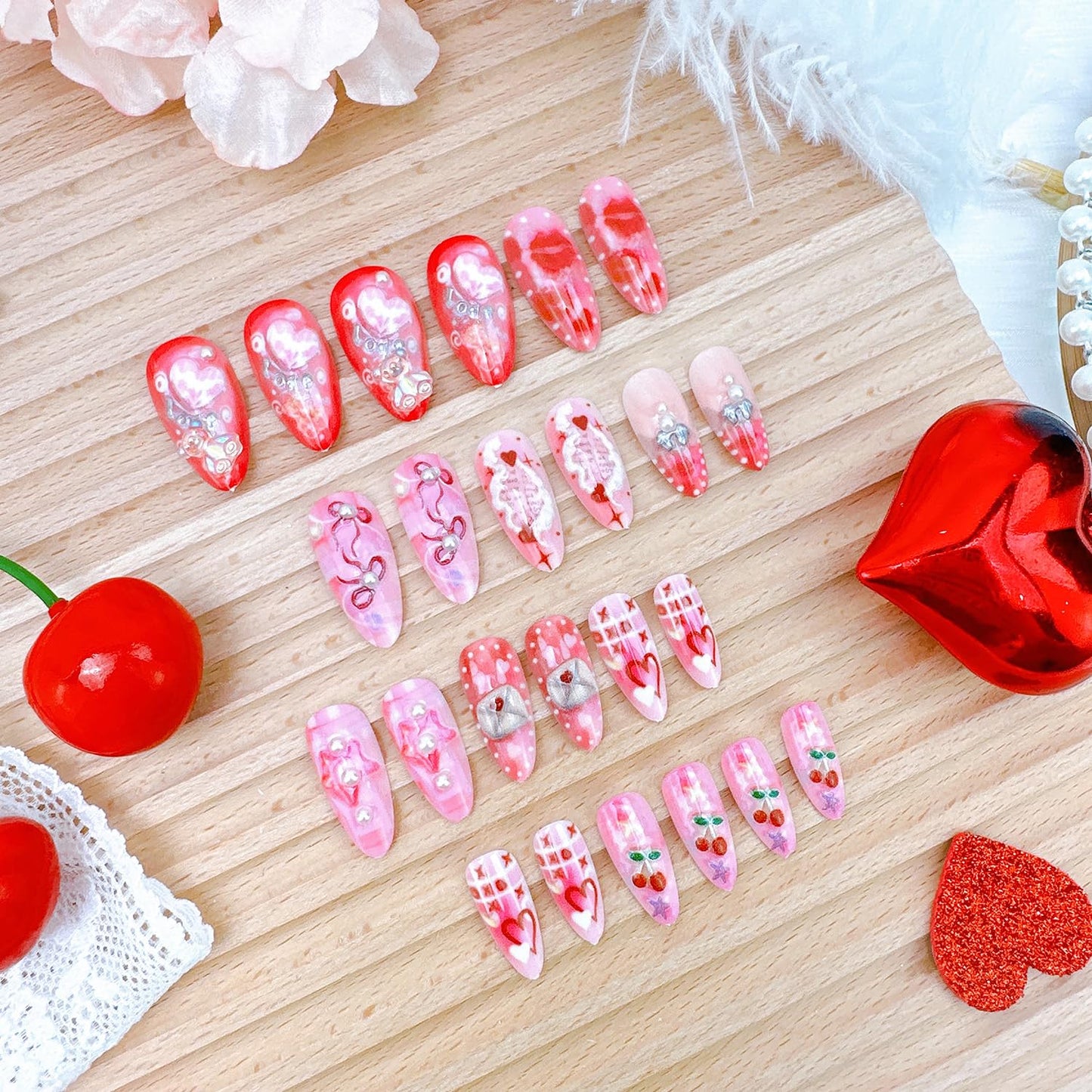 24Pcs Valentines Press on Nails Medium Almond Fake Nails with 3D Hearts Bear Pearl Designs Valentine Red Lips Acrylic Nails XOXO Cherry Bow False Nail Romantic Heart Full Cover Glue on Nails for Women