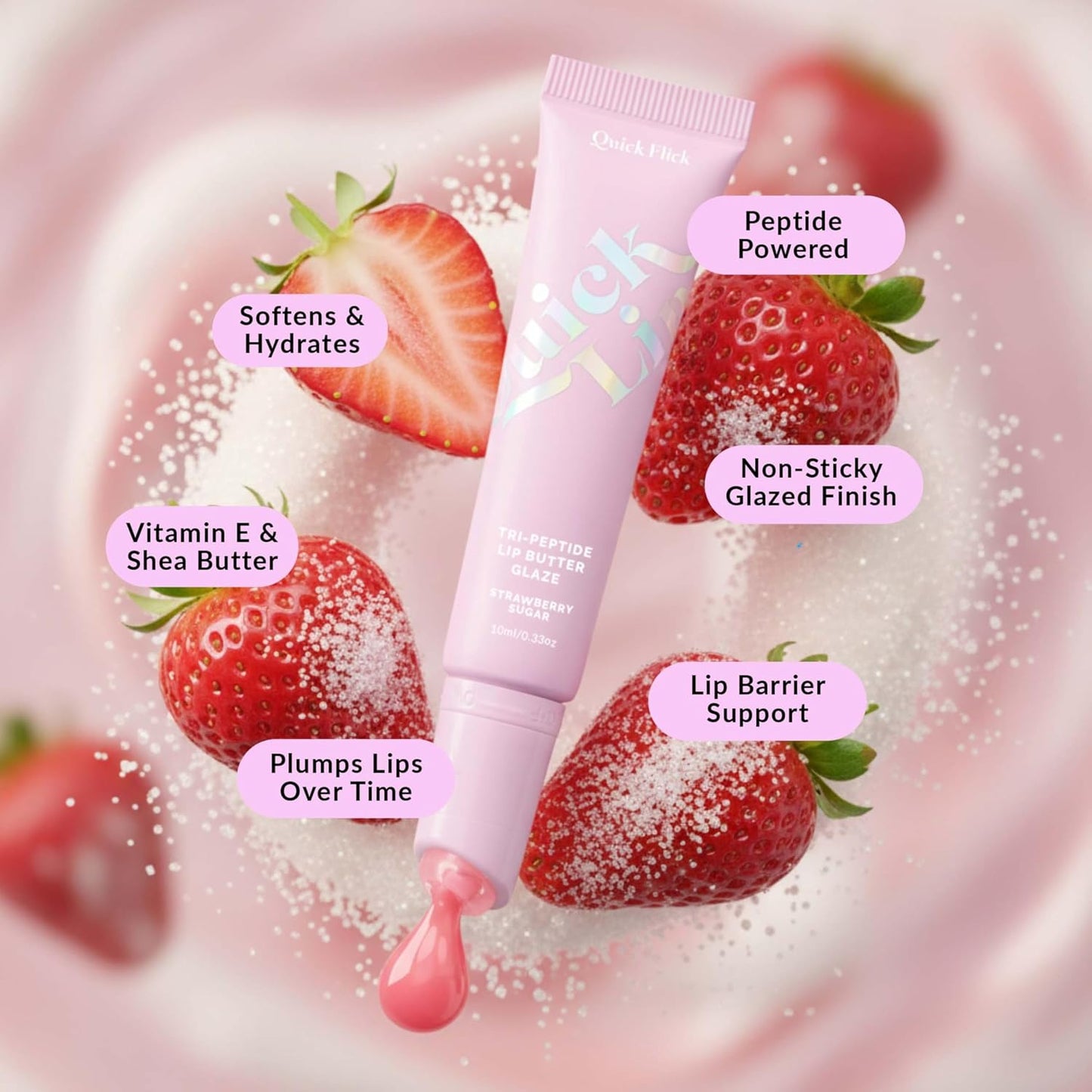 Tri-Peptide Lip Butter Glaze - Strawberry Sugar Pink Moisturizing Lip Balm | Hydrating Formula