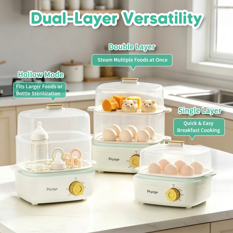 Electric Food Steamer for Cooking, 2-Tier Rapid Egg Cooker, Stackable Steam Cooker for Baby Food, Meal Prep, Quick Healthy Cooking for Vegetables, BPA-Free, 30-Min Timer, 3 Containers&1 Spoon Included