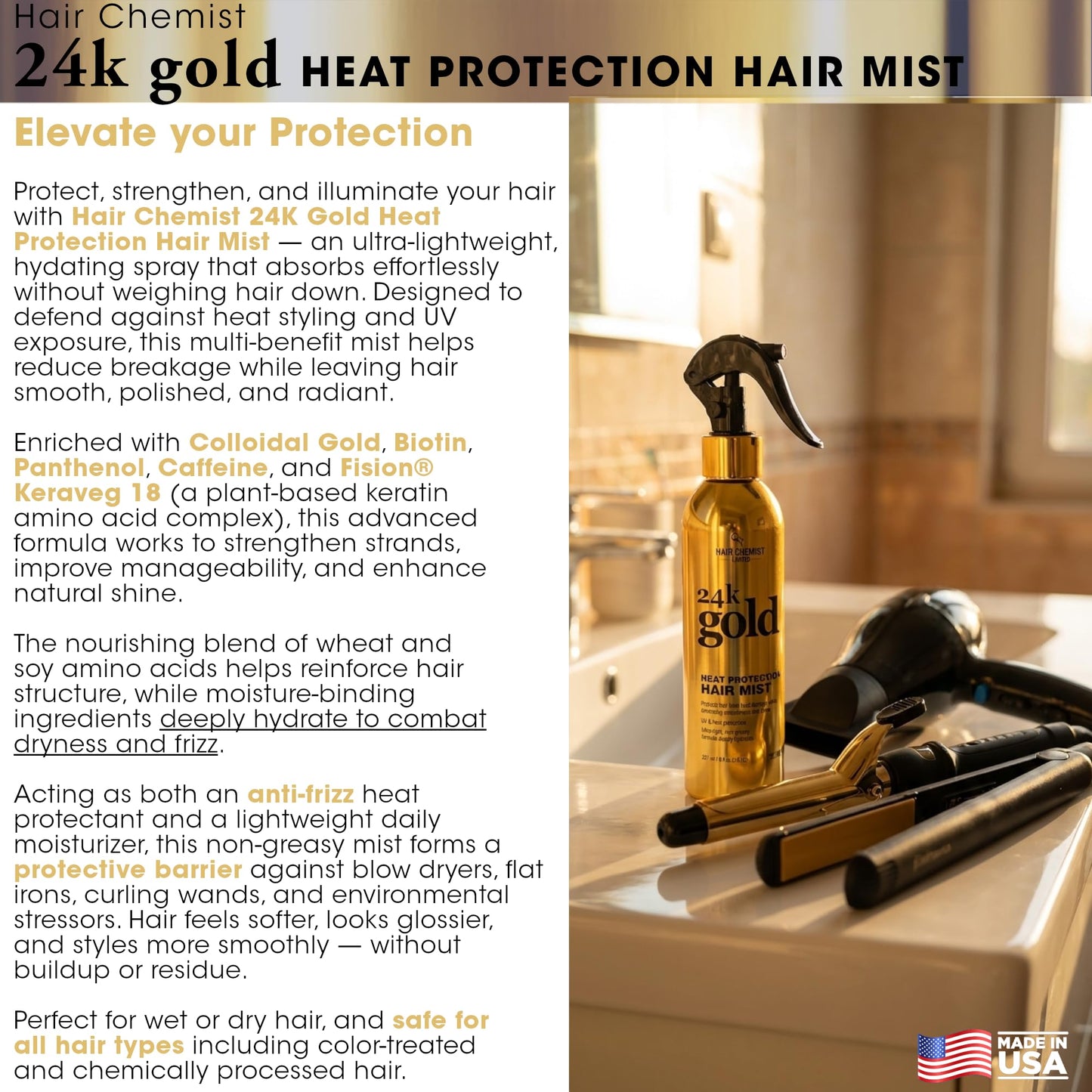 Hair Chemist 24k Gold Heat Protection Hair Mist 8 Ounce– UV & Thermal Heat Protectant Spray for Blow Drying & Flat Iron– Anti-Frizz and Shine, Lightweight, Non-Greasy Hydrating Formula– All Hair Types