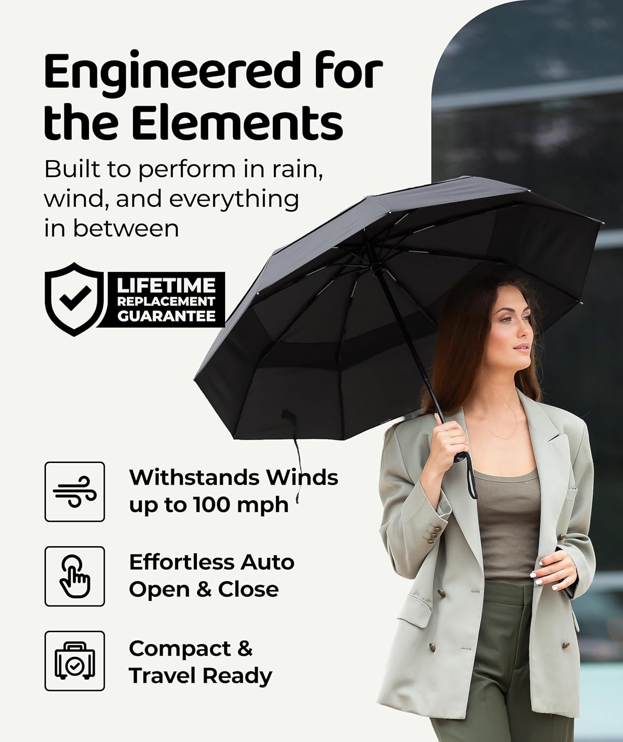 Windproof Travel Umbrella - Compact Auto Folding Design | Withstands 100MPH Winds, Durable & Lightweight for Men & Women