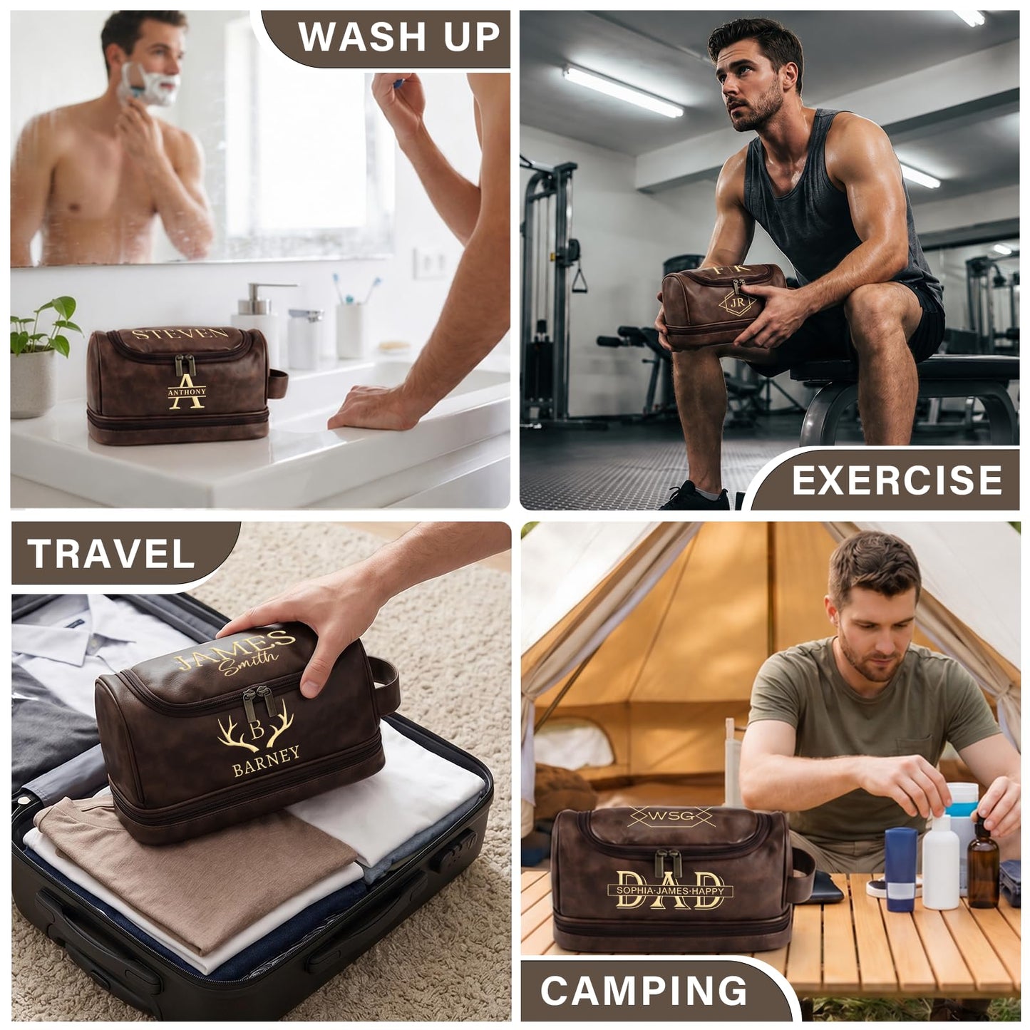 Personalized Toiletry Bag for Men, Engraved Name & Text, Father's Day Birthday Gifts for Men, Dad, Leather Men's Toiletry Bag for Traveling, Customized Gifts for Husband, Grandpa, Lover (DarkBrown)