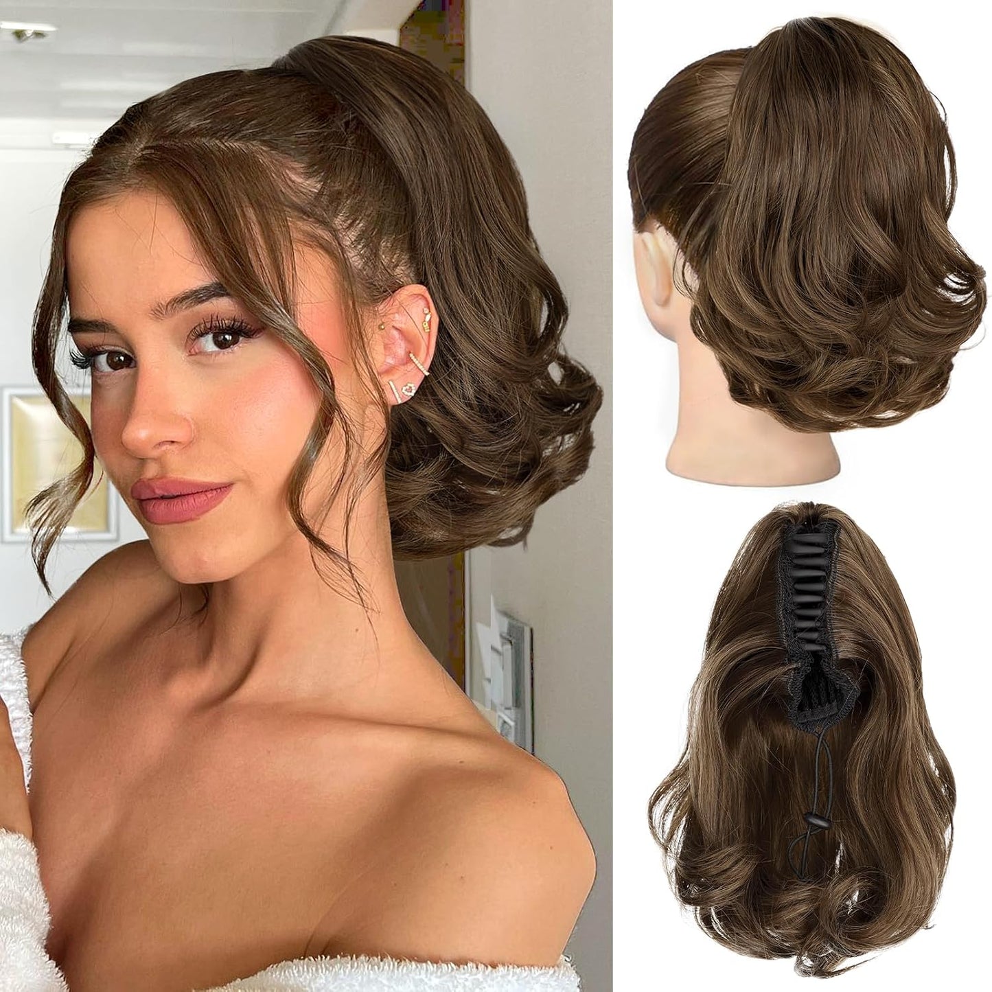 Ponytail Extension - 10" Short Claw Clip-In Wavy Hairpiece for Women | Medium Brown, Synthetic