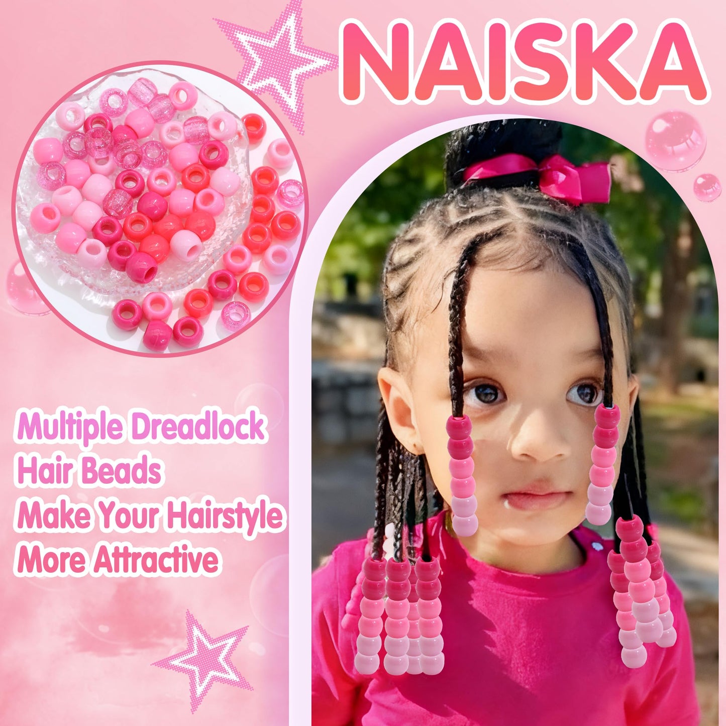 NAISKA 60PCS Pink Hair Beads Large Hole Bead for Hair 5 Colors Acrylic Round Dreadlock Beads Gradient Pink Braids Accessories for Kids Girls