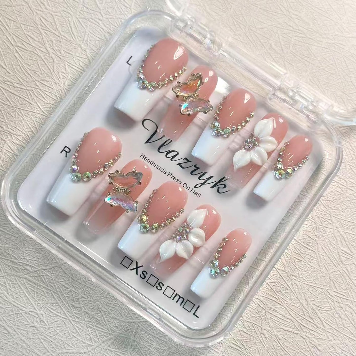 Brown French Tip Press On Nails - 3D Metallic Rhinestones | Medium Almond Reusable Acrylic False Nails (10 PCS)
