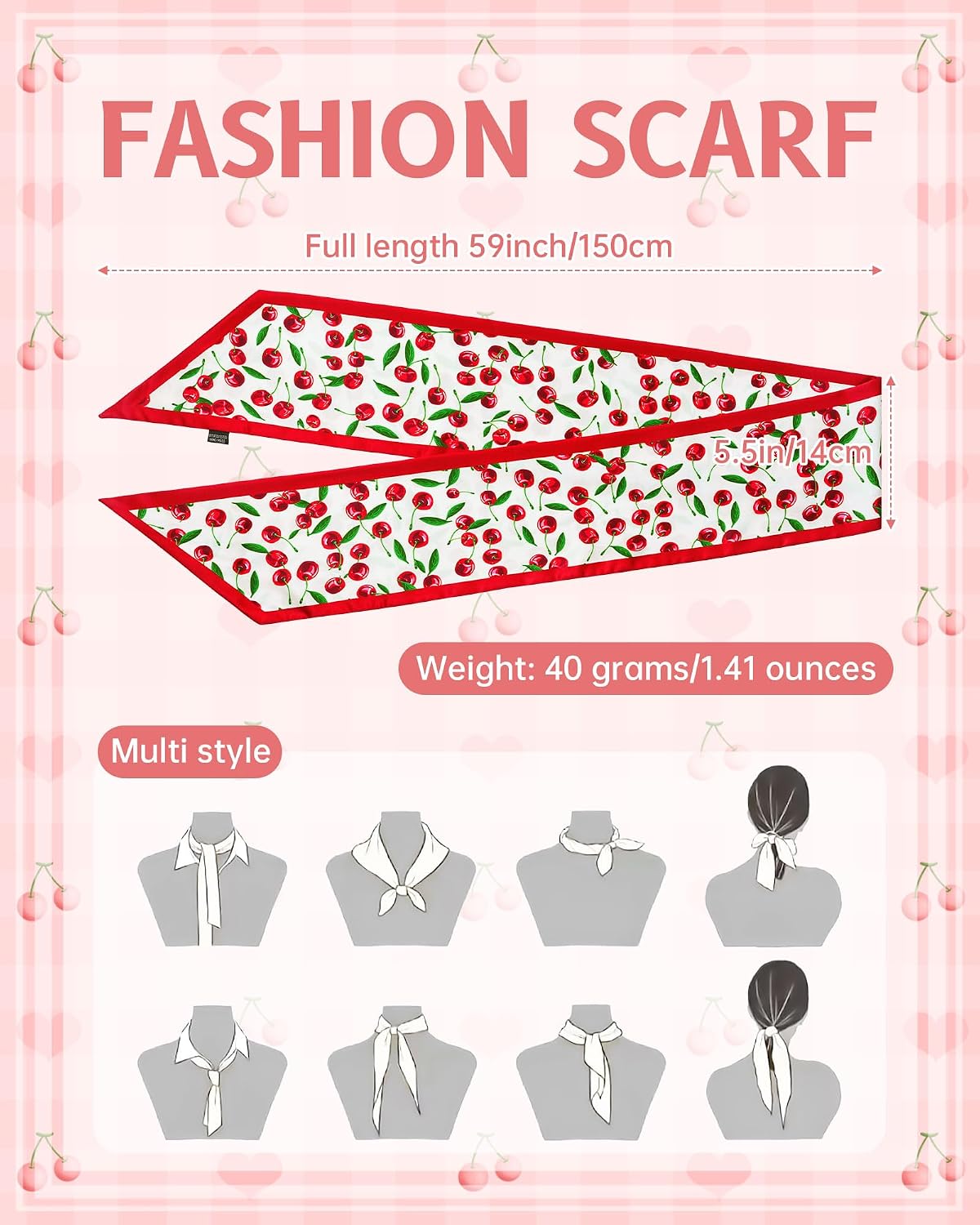 Cherry Head Scarf for Women - Long Thin Satin Hair & Neck Wrap | Fashion Accessory