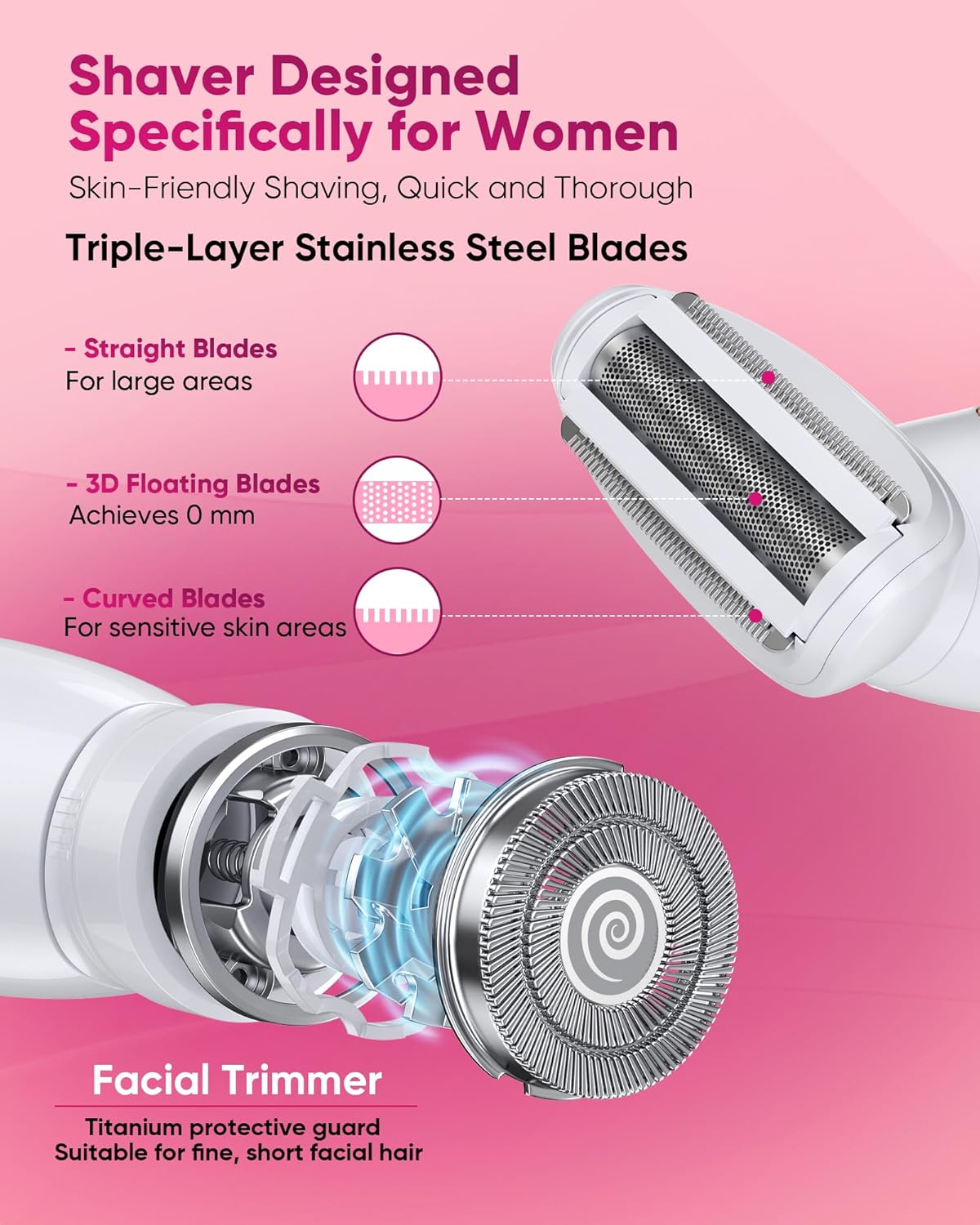 3 in 1 Bikini Trimmer for Women - Painless Electric Razor with Display | USB Charging, IPX7 Waterproof, White