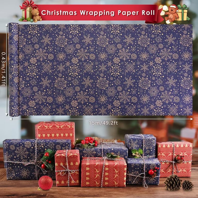 AhfuLife 2 Rolls Christmas Wrapping Paper - 17 Inch × 49.2 Feet Per Roll, Recyclable Blue Red Kraft Xmas Wrapping Paper Roll for Christmas Gift Box Birthday Party Decoration -138 sq. ft. ttl