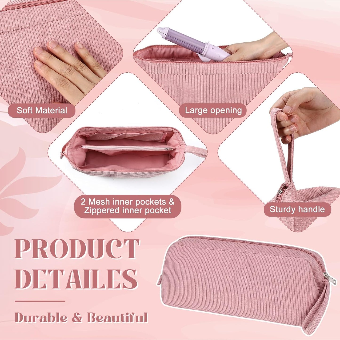 Travel Hair Tools Organizer Bag - Large Pink Corduroy with Handle | Hot Styling Tools & Accessories Storage