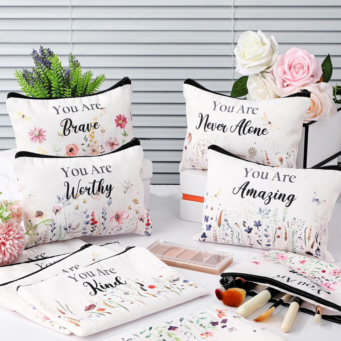 Inspirational Cosmetic Bag Set - 10 Pcs Religious Makeup Pouches for Women | Wildflower & Beige