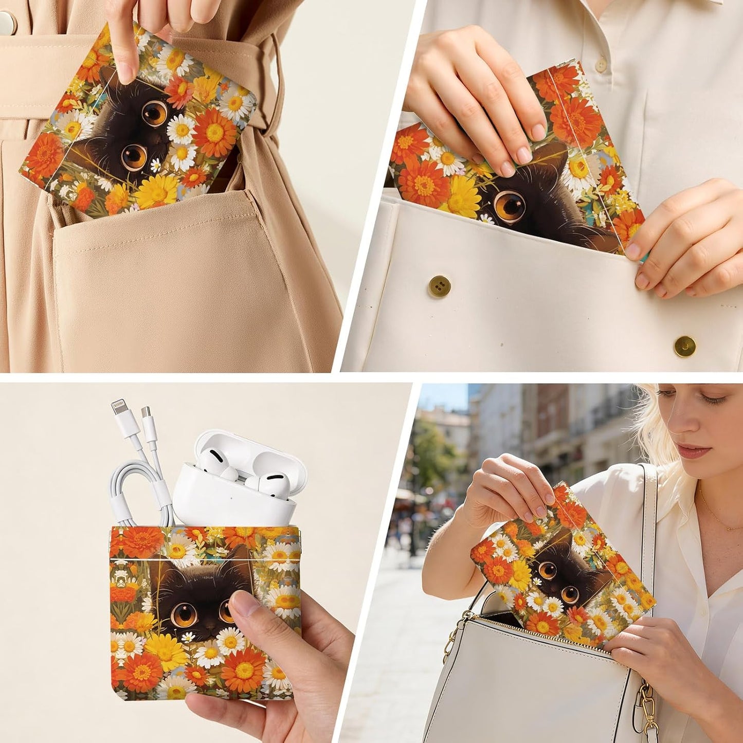 Makeup Bag Set - 2 PCS PU Leather Cosmetic Pouches for Travel | Self-Closing, Portable Design with Orange Flowers and Cats