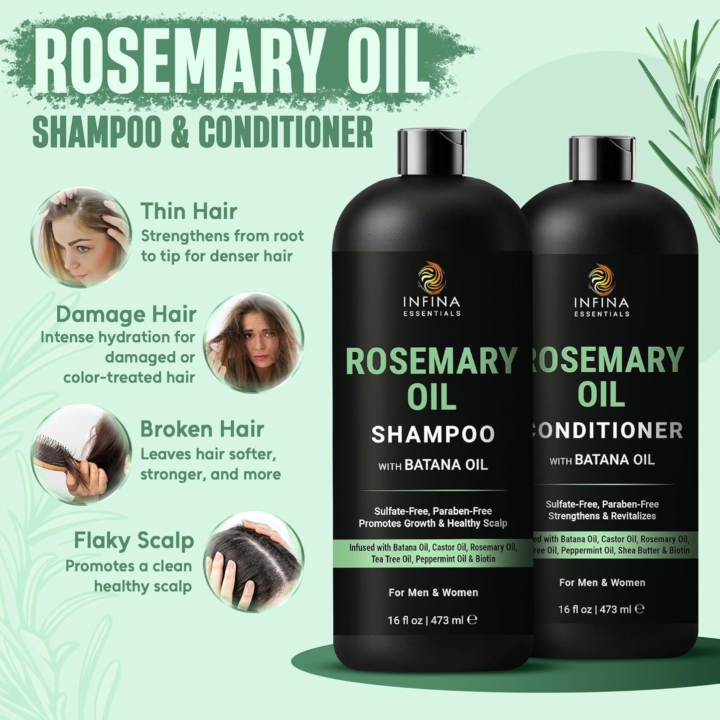 Rosemary Oil Shampoo and Conditioner Set - Sulfate-Free Thickening Formula with Batana Oil & Biotin | 16 fl oz Each | For Men & Women