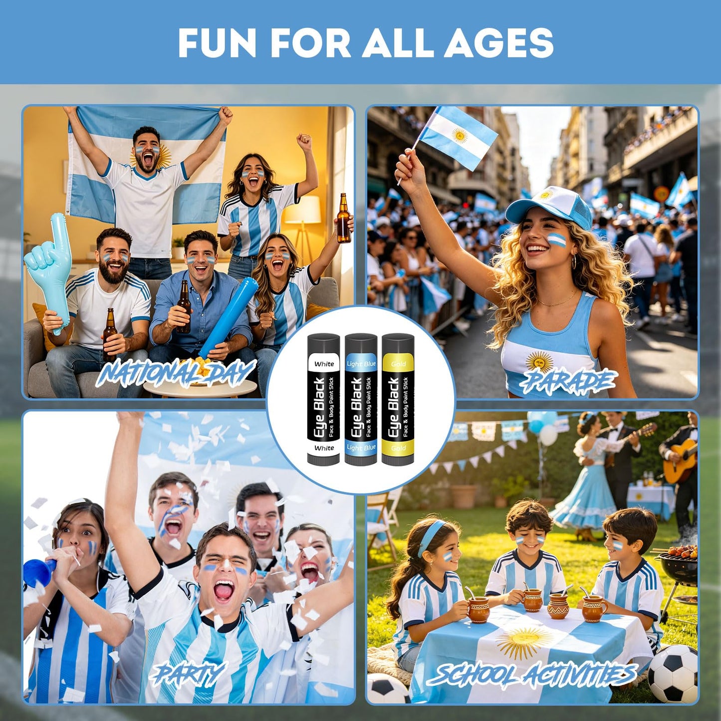 14 Pack Argentina Eye Black Stick , Blue White Gold Face Paint for Football Baseball Softball, Glare Reducing Sports Eye Black for Athletes, Soccer Fan Game Day World Cup Accessories