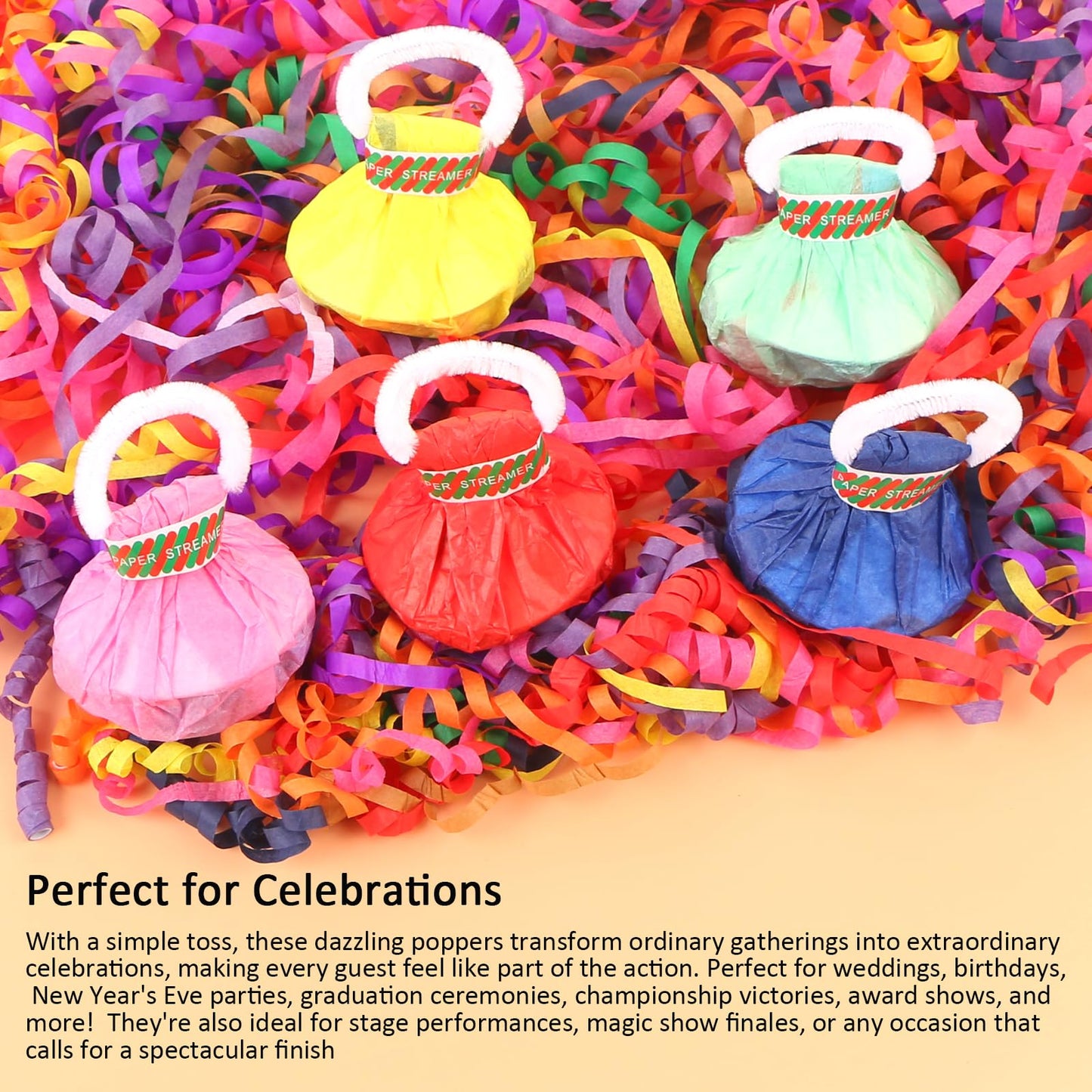 BRIOYHA No Mess Confetti Poppers 18 Pack - Easy Clean Party Confetti Cannon for Birthday, Wedding, Graduation & Event Celebrations with Colorful Streamers