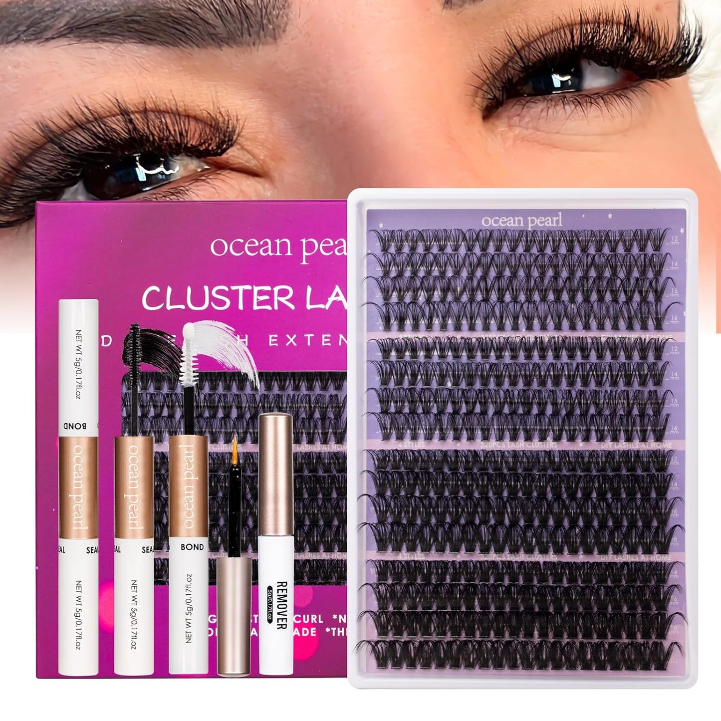 Ocean Pearl Lash Clusters - 320 Pcs 11-20mm Eyelash Extension Kit | 40D, 50D, 100D with Adhesive & Tweezers