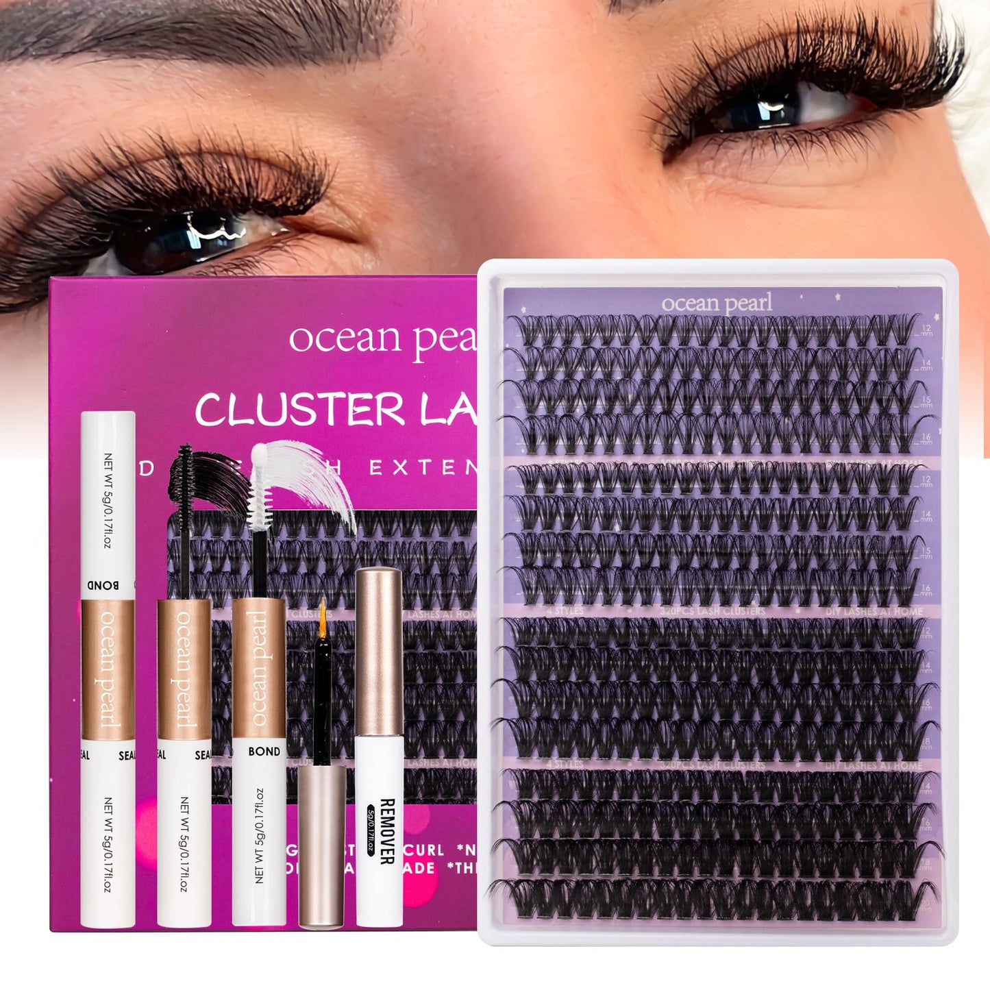 Ocean Pearl Lash Clusters 320PCS 12-20MM 30D+40D+80D+100D Lash Extension Kit Lashes Clusters Eyelashes Cluster Eyelash Extensions Thick Individual Lashes Kit with Lash bond&seal&remover&tweezer-4