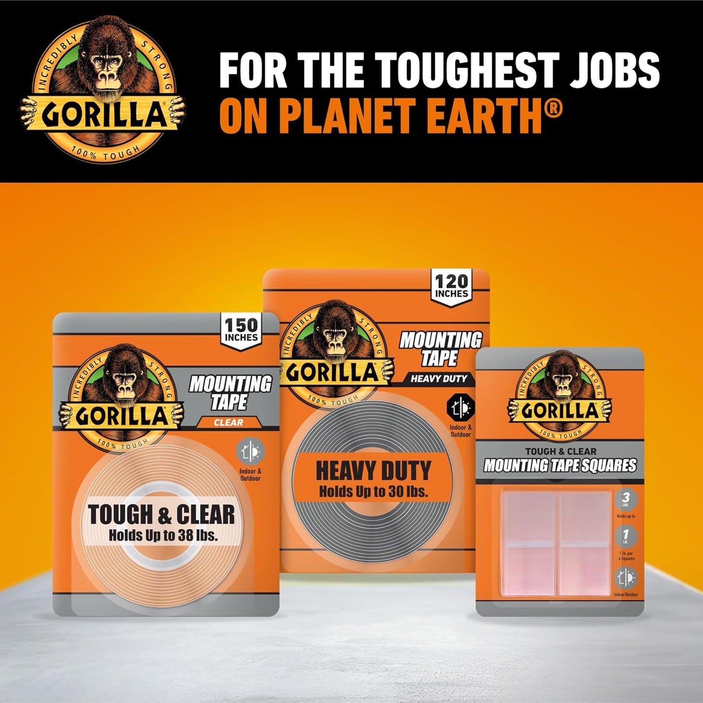 Gorilla Heavy Duty Double-Sided Mounting Tape - Weatherproof Black Adhesive, 1" x 120" for Indoor/Outdoor Use