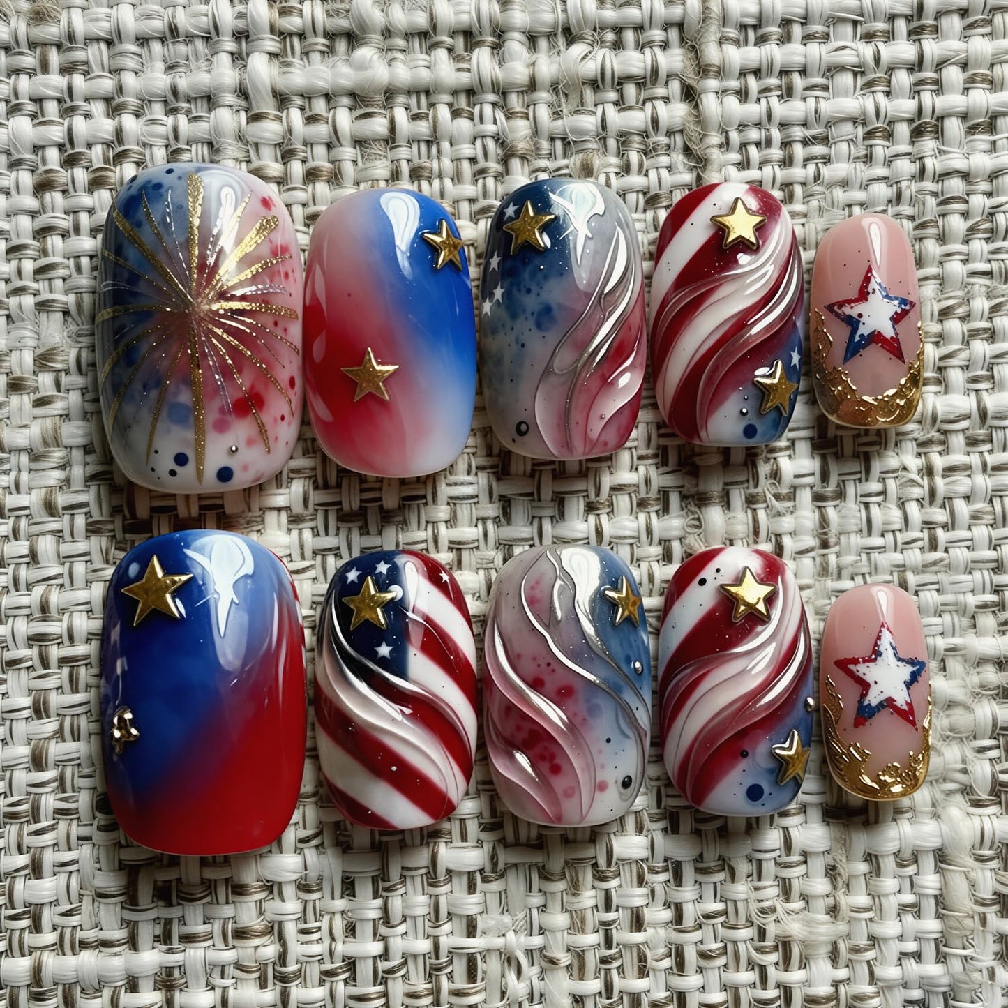 Independence Day Press-On Nails - 30Pcs Medium Almond Shape with 3D Red & Blue Bow Designs | Patriotic French Tip Full Cover