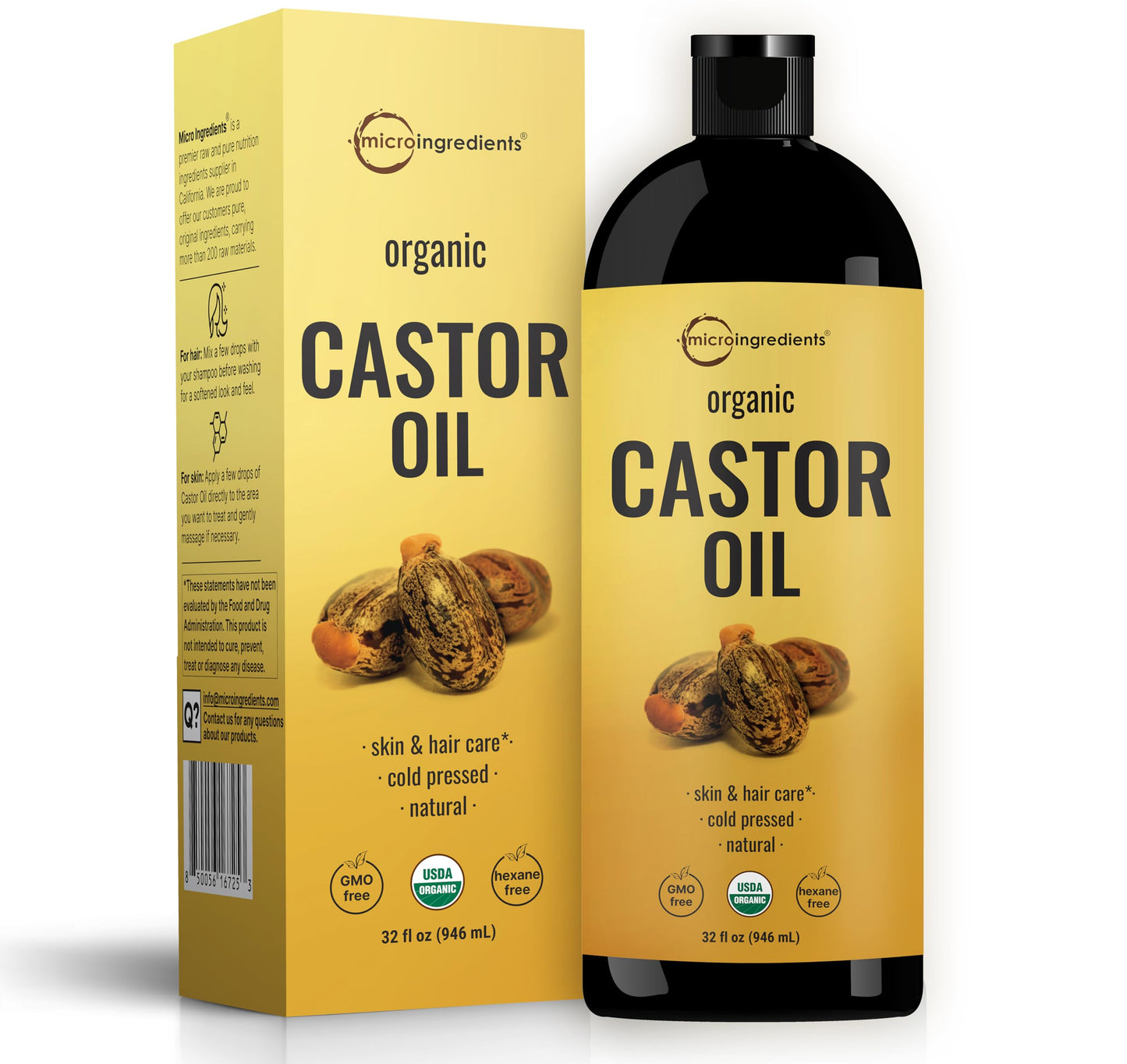 Micro Ingredients Cold-Pressed Organic Castor Oil 32 fl oz | 100% Pure Unrefined & Hexane-Free | Organic Carrier Oil for Hair, Skin, Eyelashes & Face | Sourced in India, USDA Certified, Non-GMO