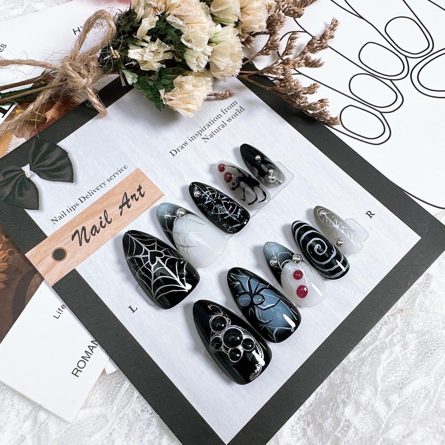 24Pcs Halloween Press on Nails Medium Almond Fake Nails with Steel Balls Design Horror Blood Drip Spider Acrylic Nails Spider Web False Nail Tips 3D Halloween Spider Stick on Nails for Women Nail Art