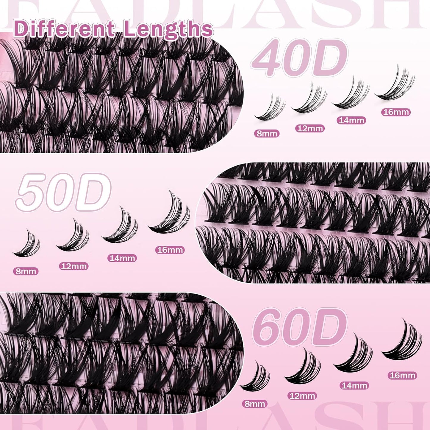 FADLASH Lash Clusters - 40D/50D/60D Natural Eyelash Extensions | Wispy 8-16mm D Curl, Soft Thin Band for DIY Use