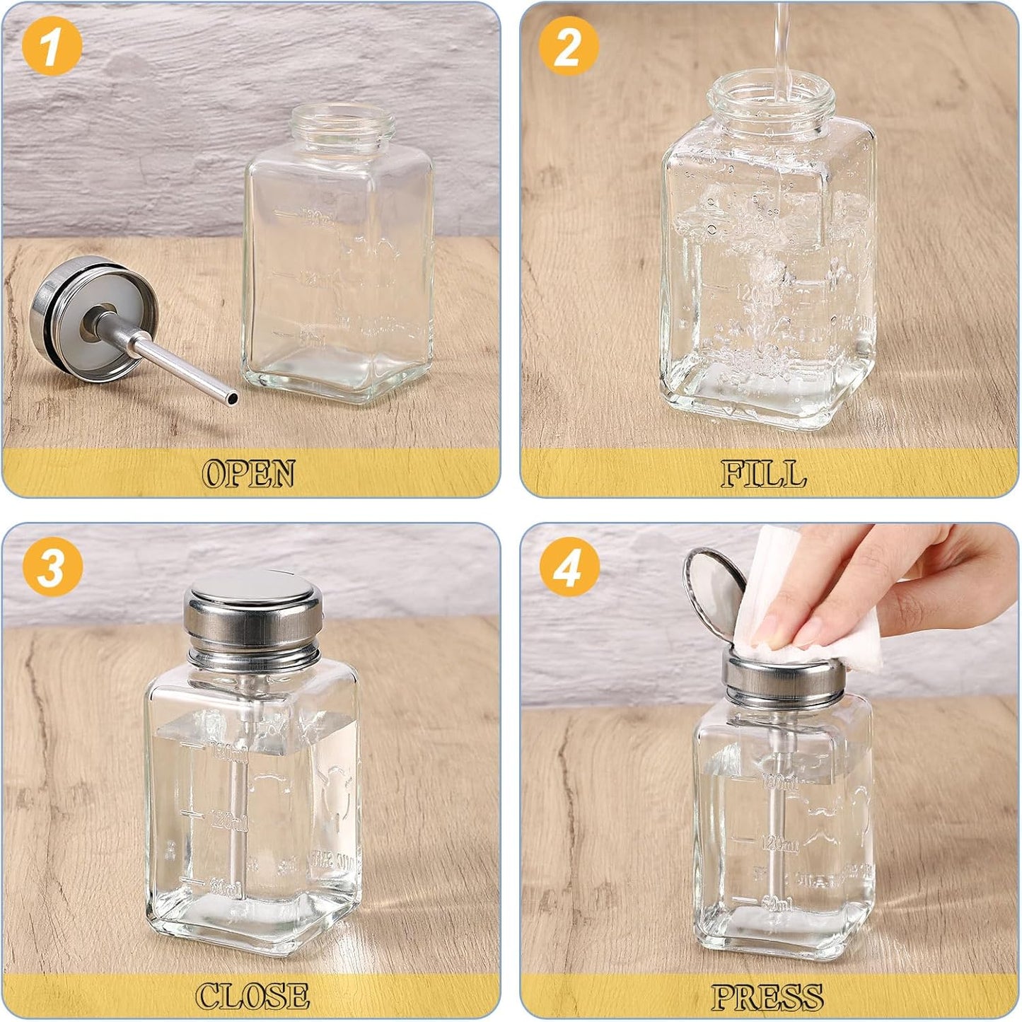 Noverlife Clear Glass Pump Dispenser Bottles - 2PCS 6Oz Nail Polish Remover Containers | Refillable Flip Top Cap