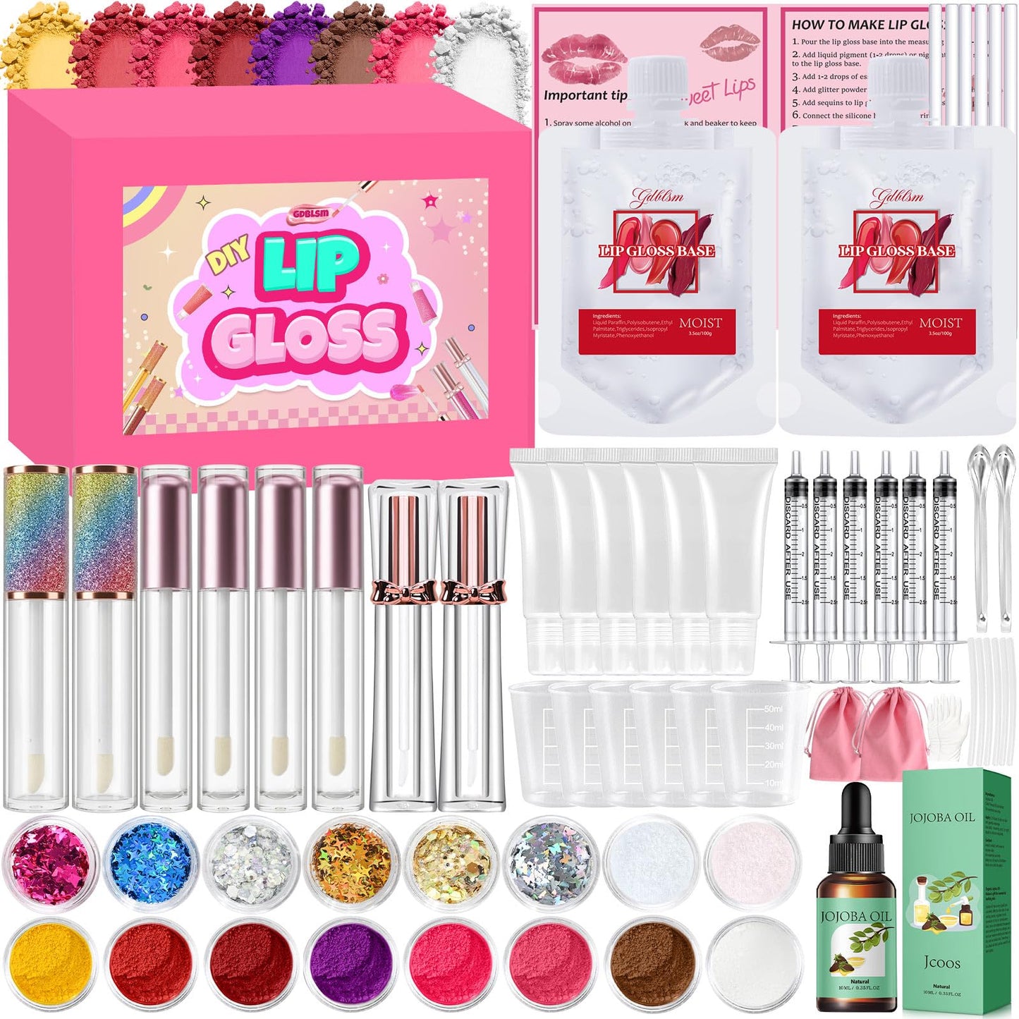 Gdblsm Lip Gloss Making Kit- DIY Lip Gloss Set for Women, Make Your Own Makeup Set with Moisturizing Clear Base, Pigments, Glitter, Jojoba Oil, Fun Lipstick Making Kit Gifts for Women Makeup Lover
