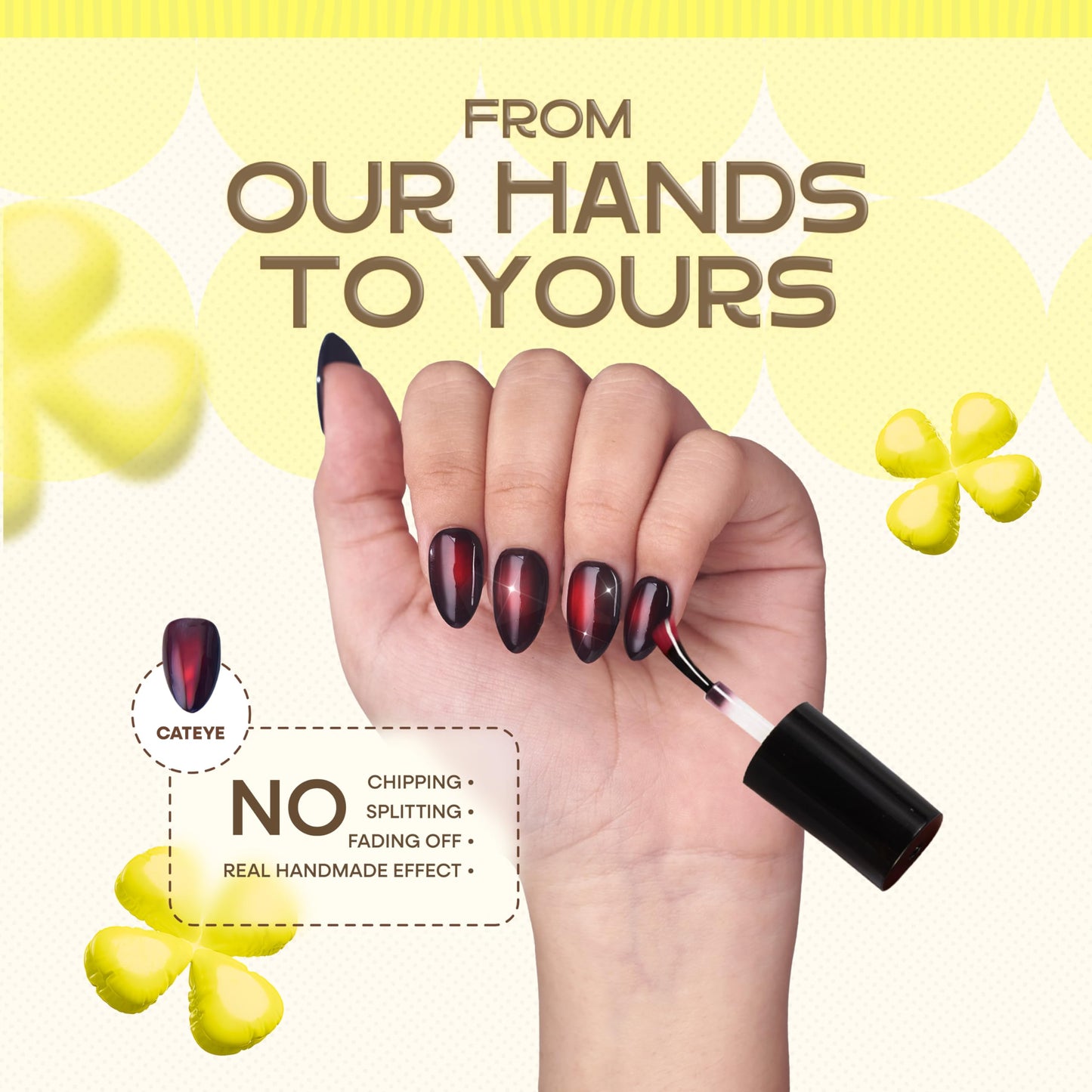 Nailique Press On Nails Short Almond – Handmade Cat Eye Soft Gel Dark Black Red, 26pcs Reusable Nail Tips with Lamp-Curable Glue, Glossy Glam Valentine Wedding Party Manicure