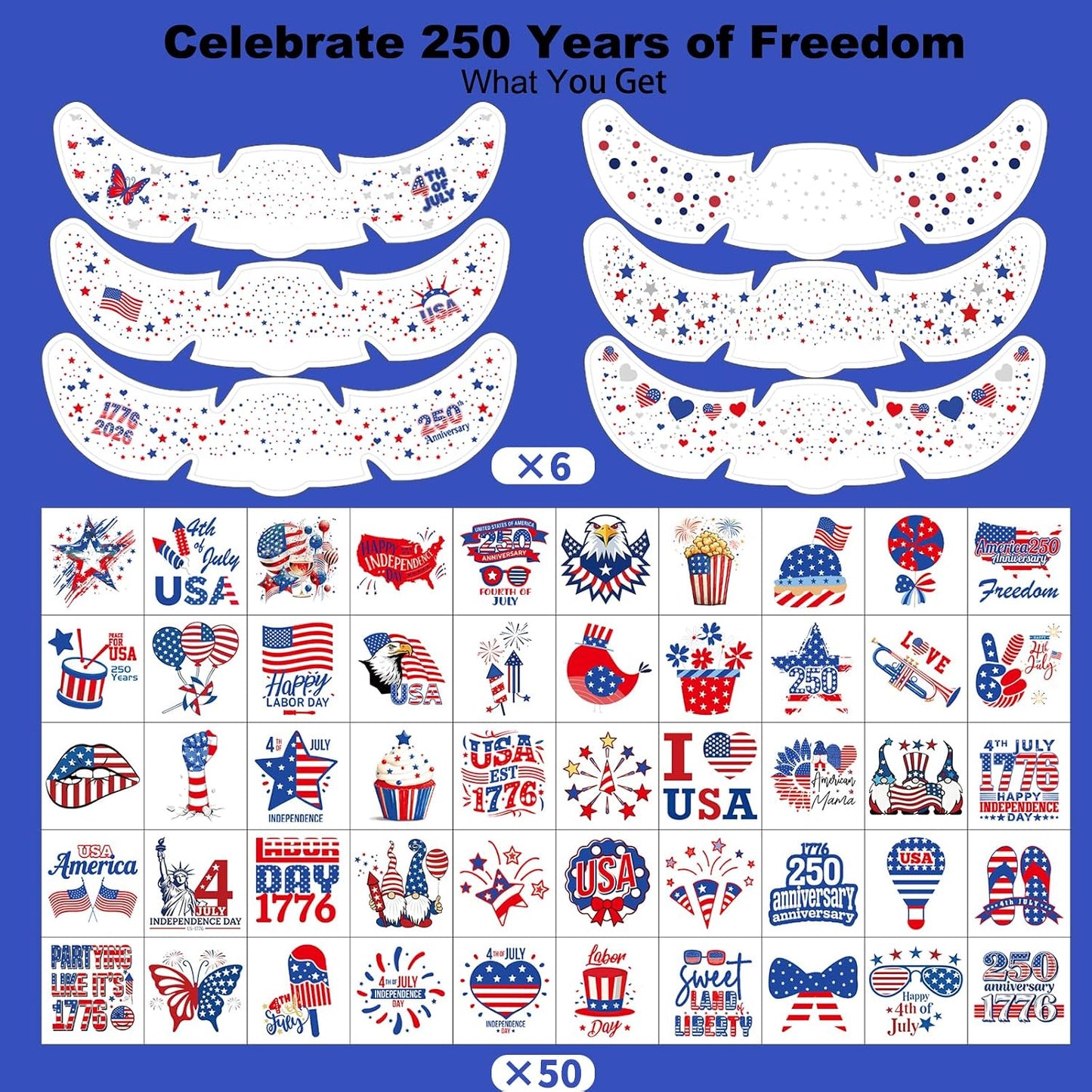 4th of July Glitter Freckles Face Tattoos - Patriotic Temporary Tattoo Stickers | 6 Pcs & 50 Pcs Set for Adults & Kids