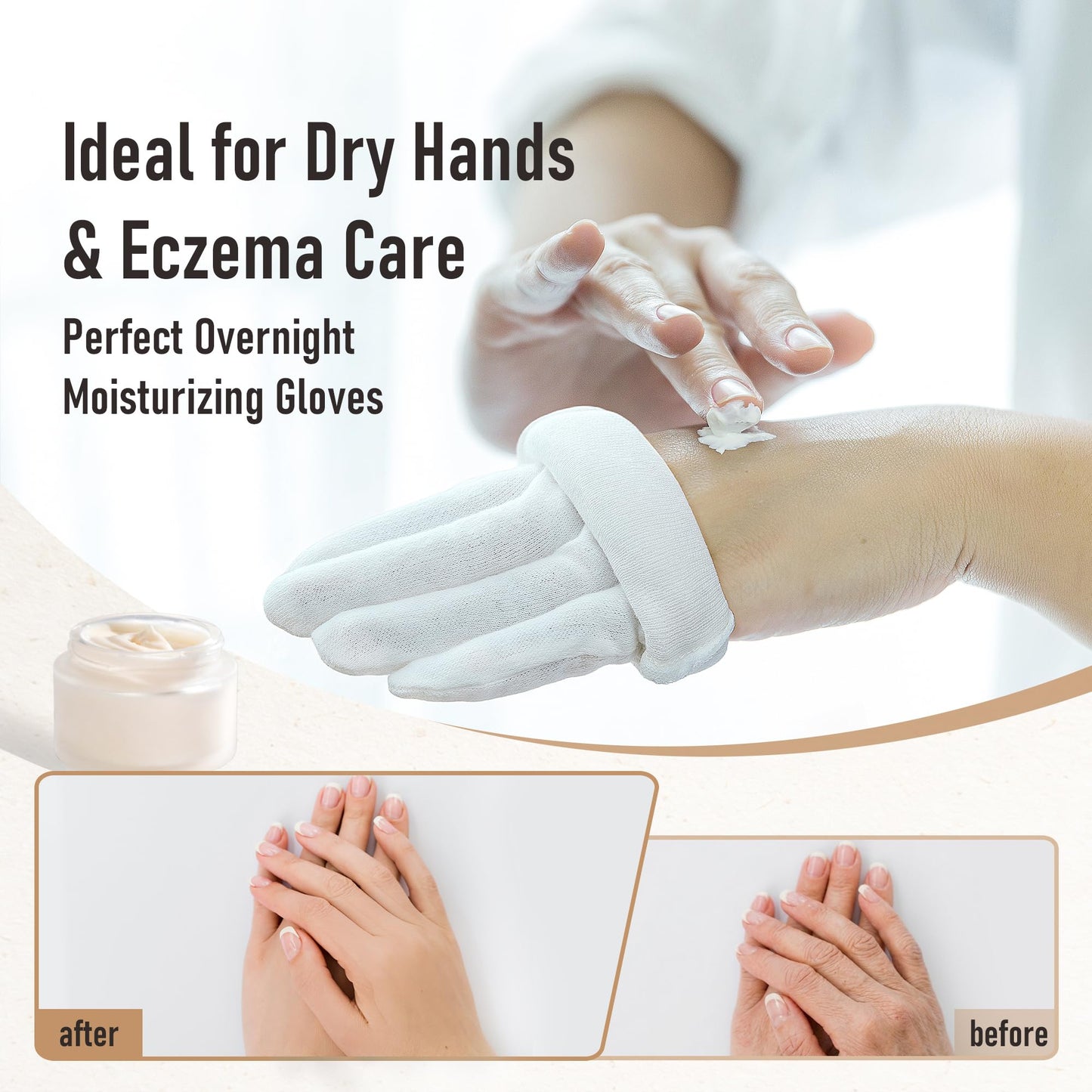 COOLJOB 4 Pairs Soft Moisturizing Cotton Gloves Set with Stretch Elastic Cuff, Overnight Lotion Sleeping Gloves for Dry Hands, Eczema Skin, Beauty Women SPA Essentials, Small, White