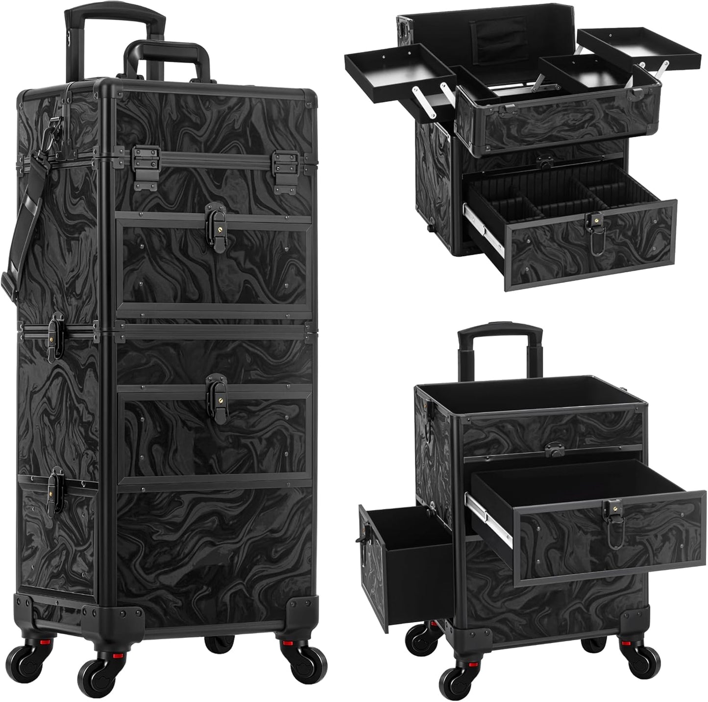 Rolling Makeup Case - 5-in-1 Cosmetology Organizer on Wheels | 3 Drawer Makeup Train Case in Ink Black