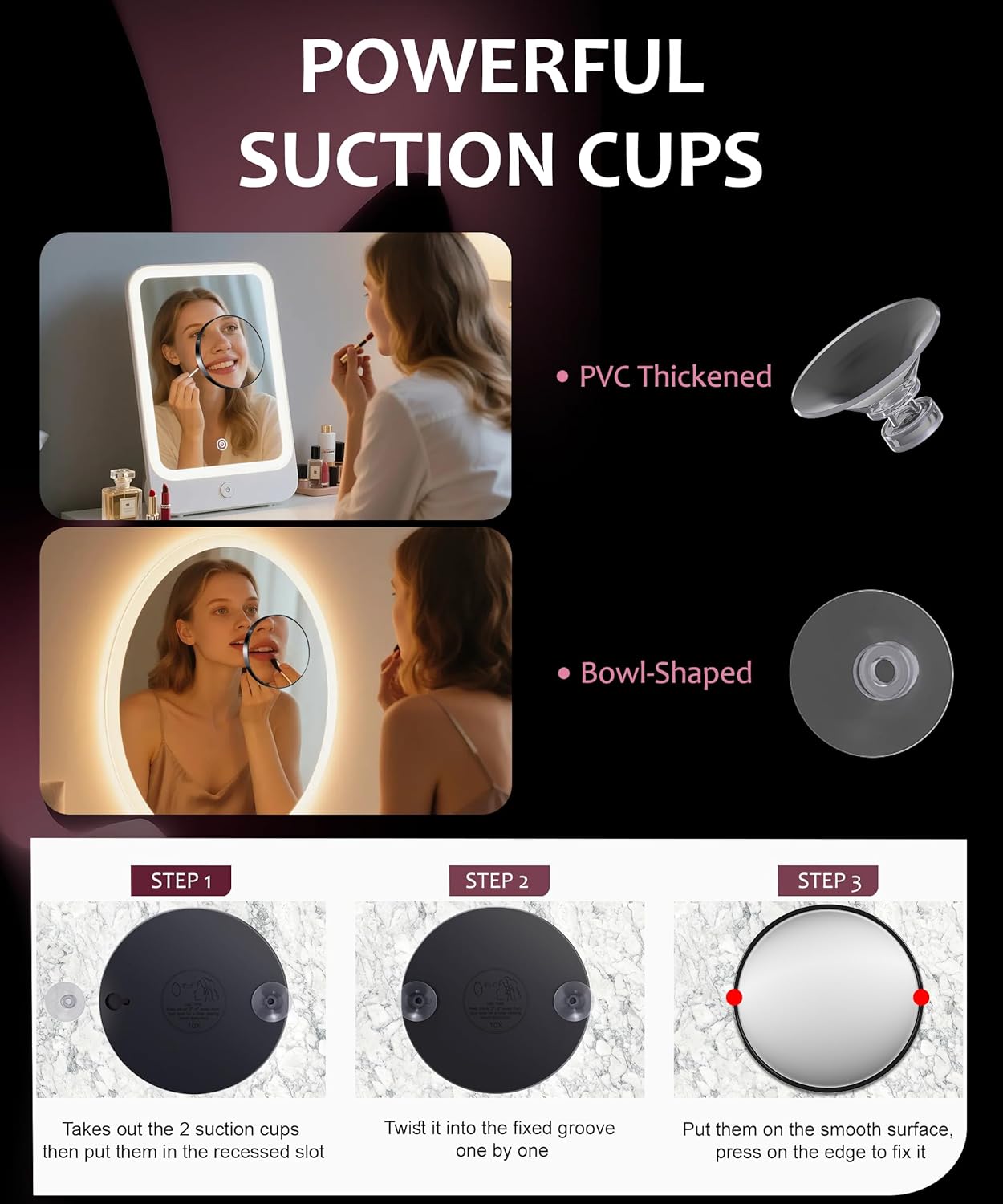 Magnifying Mirror Set - 20X/30X/40X Compact Travel Mirrors with Tweezers & Suction Cups | 3.5 Inches - Black
