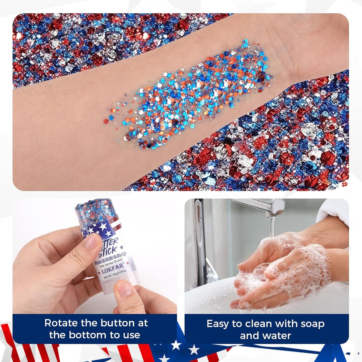 Patriotic Hair Glitter - 4th of July Body & Face Glitter for Women | Red, White & Blue