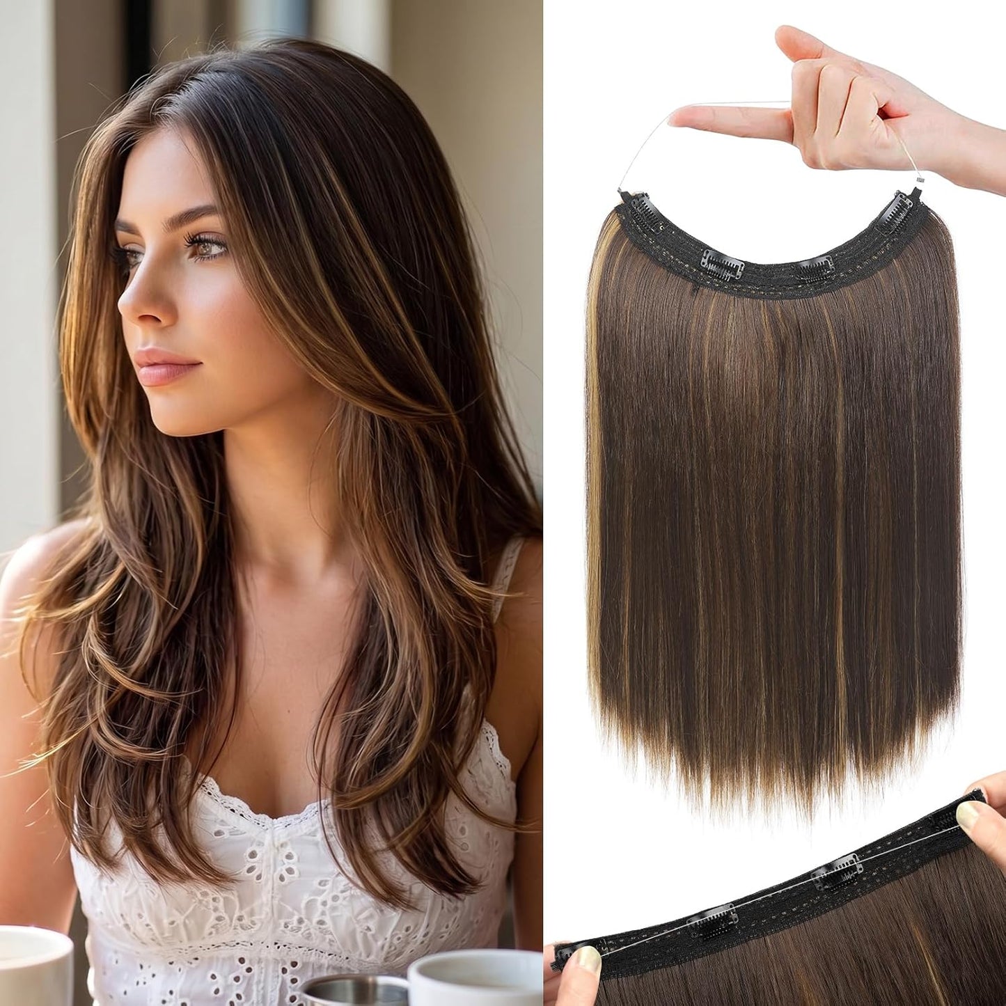 REECHO Invisible Wire Hair Extensions - Thinner Lace Weft, 12-Inch Short Straight Clips | Light Blonde