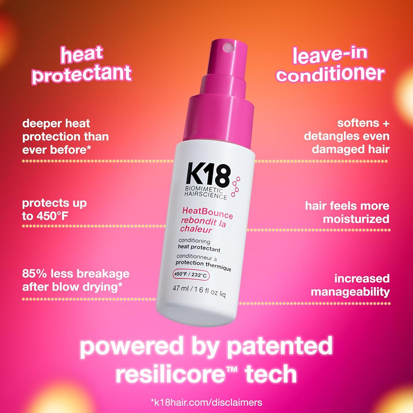 K18 HeatBounce Conditioning Heat Protectant Spray - Lightweight Leave-In Conditioner for All Hair Types | 450℉ (232°C) Protection