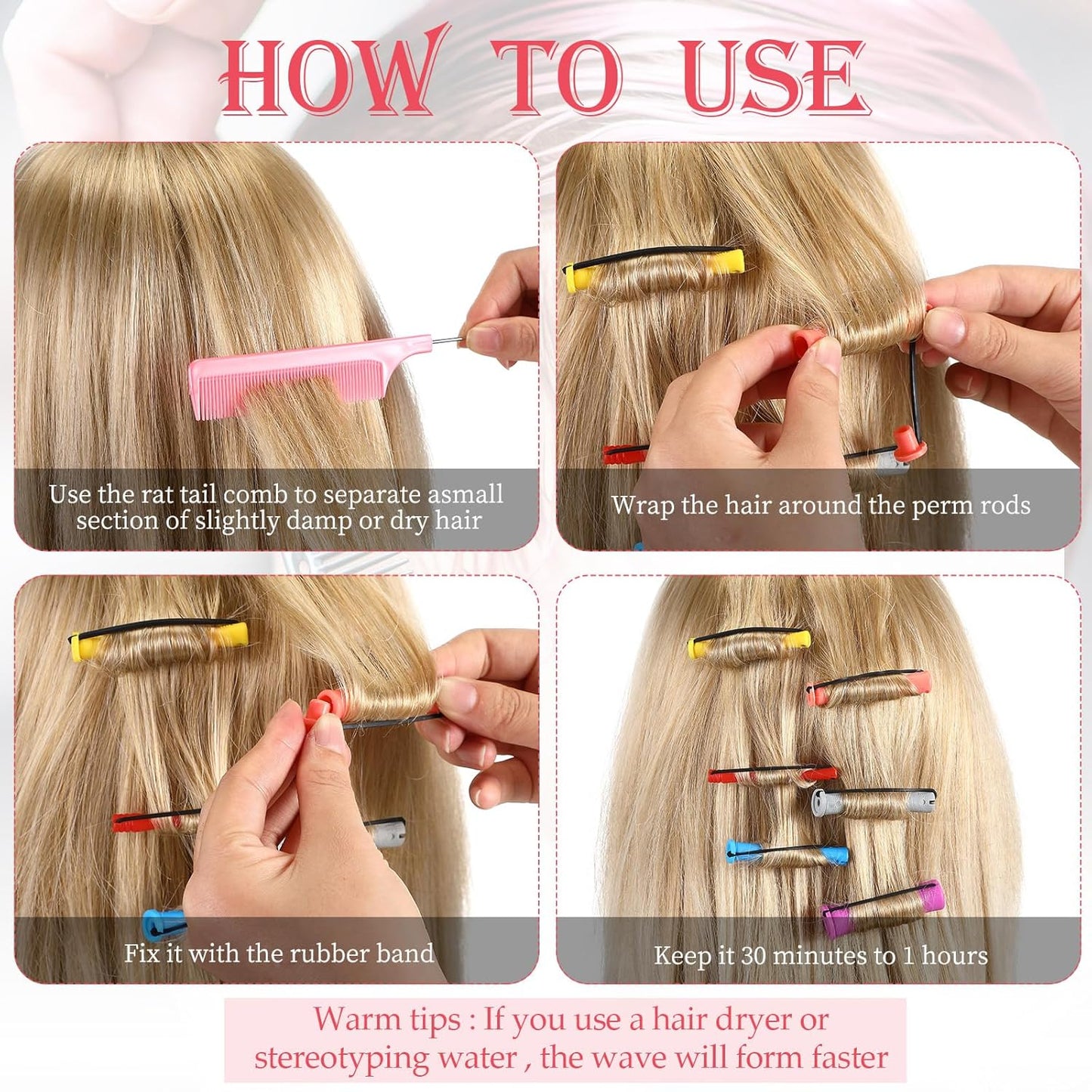 48 Pieces Hair Perm Rods - Short Cold Wave Curling Rollers with Steel Pintail Comb | 6 Sizes, 6 Colors
