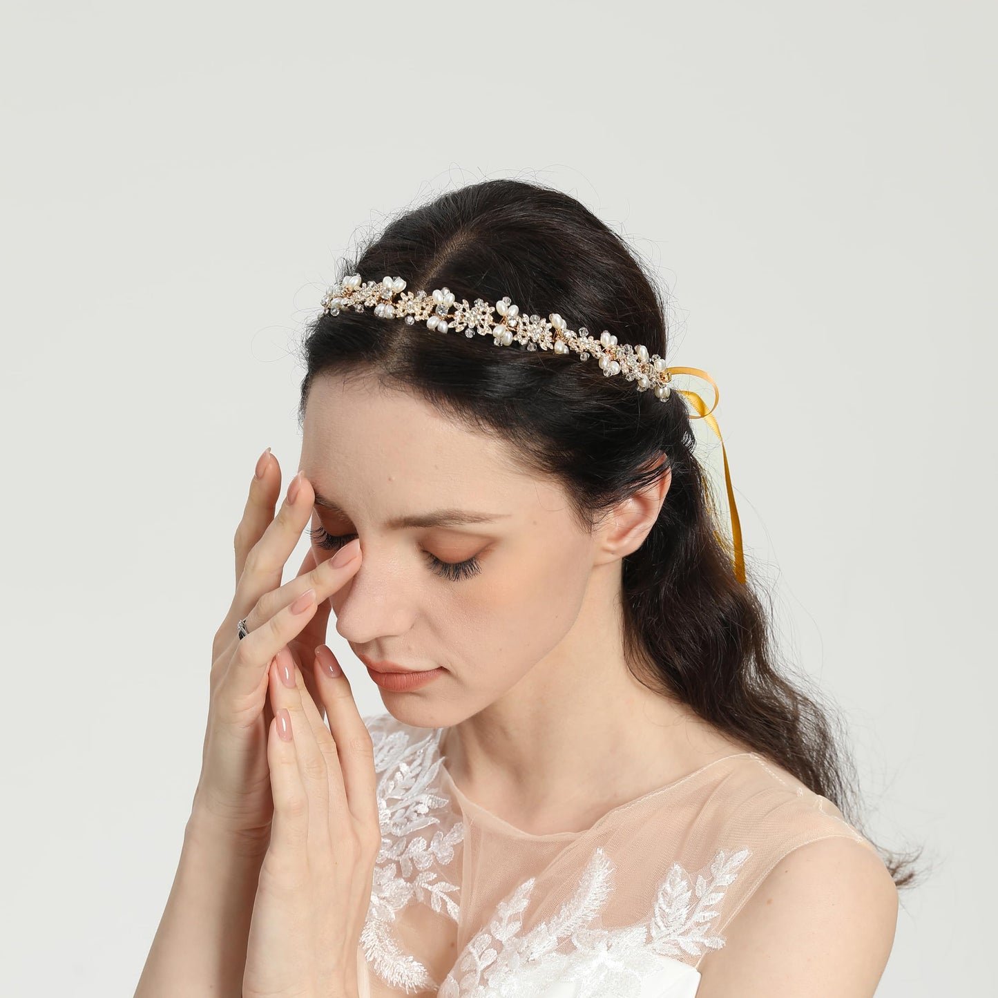 527&huan Gold Butterfly Bridal Headband Teardrop Pearls Crystal Rhinestone Wedding Hair Vine, Handmade Copper Wire Woven Wedding Hair Accessory with Satin Ribbon for Bride Bridesmaid Prom Pageant