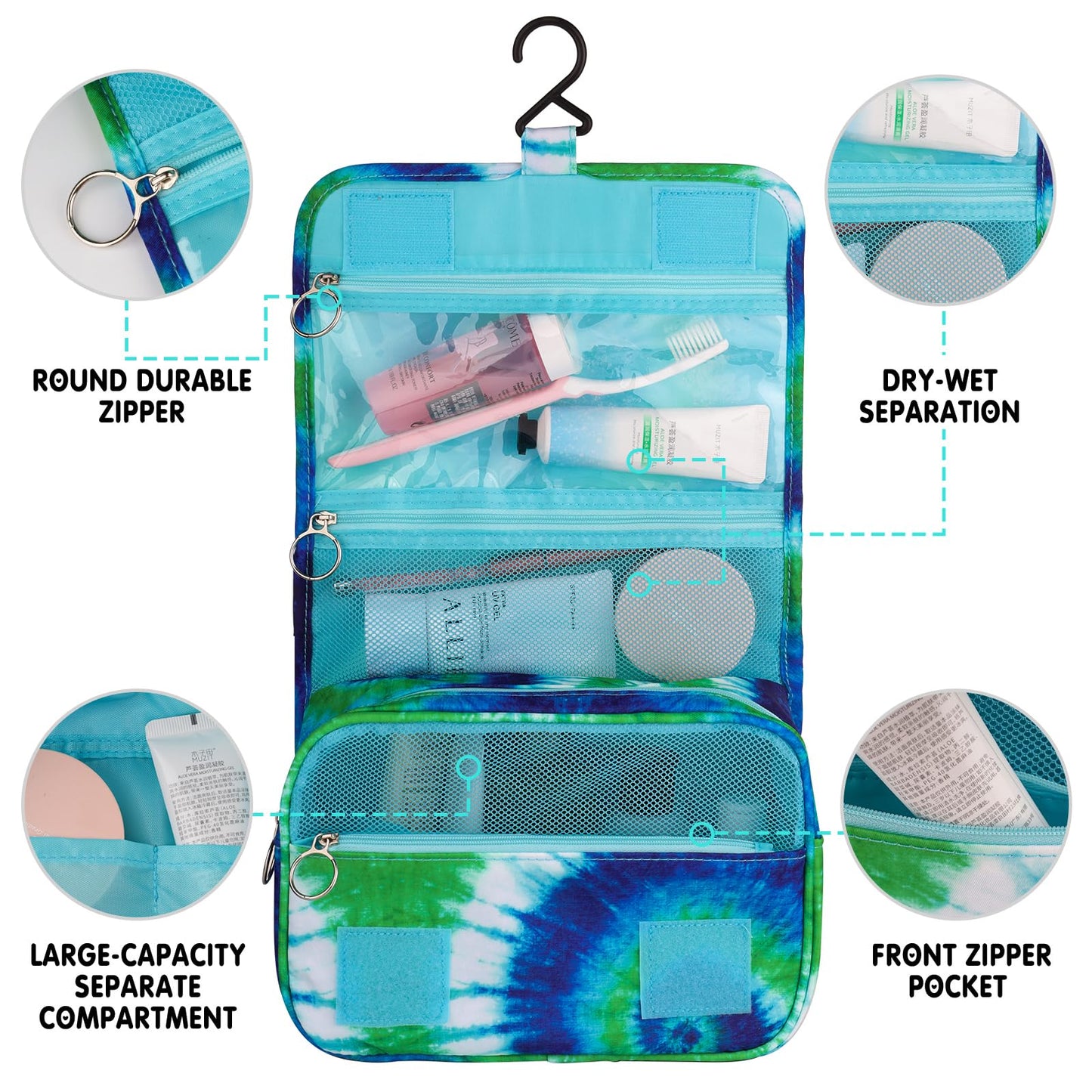 Vipdeal Tie Dye Hanging Toiletry Bag for Girls, Travel Toiletry Bag for Teen Girls Cosmetic Makeup Waterproof Wash Bag Traveling Toiletries, Blue